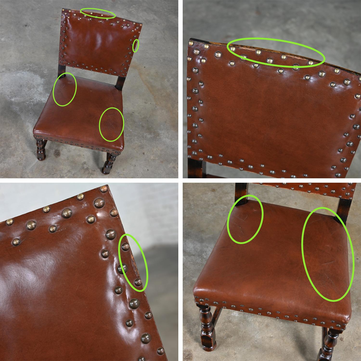 Spanish Revival Century Furniture Oak Side Chair Cognac Leder Nailhead Details im Angebot 9