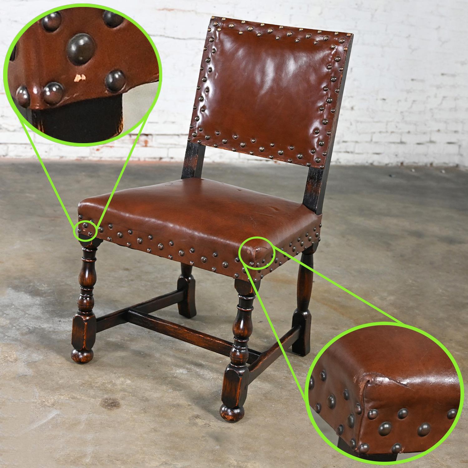 Spanish Revival Century Furniture Oak Side Chair Cognac Leather Nailhead Details For Sale 10