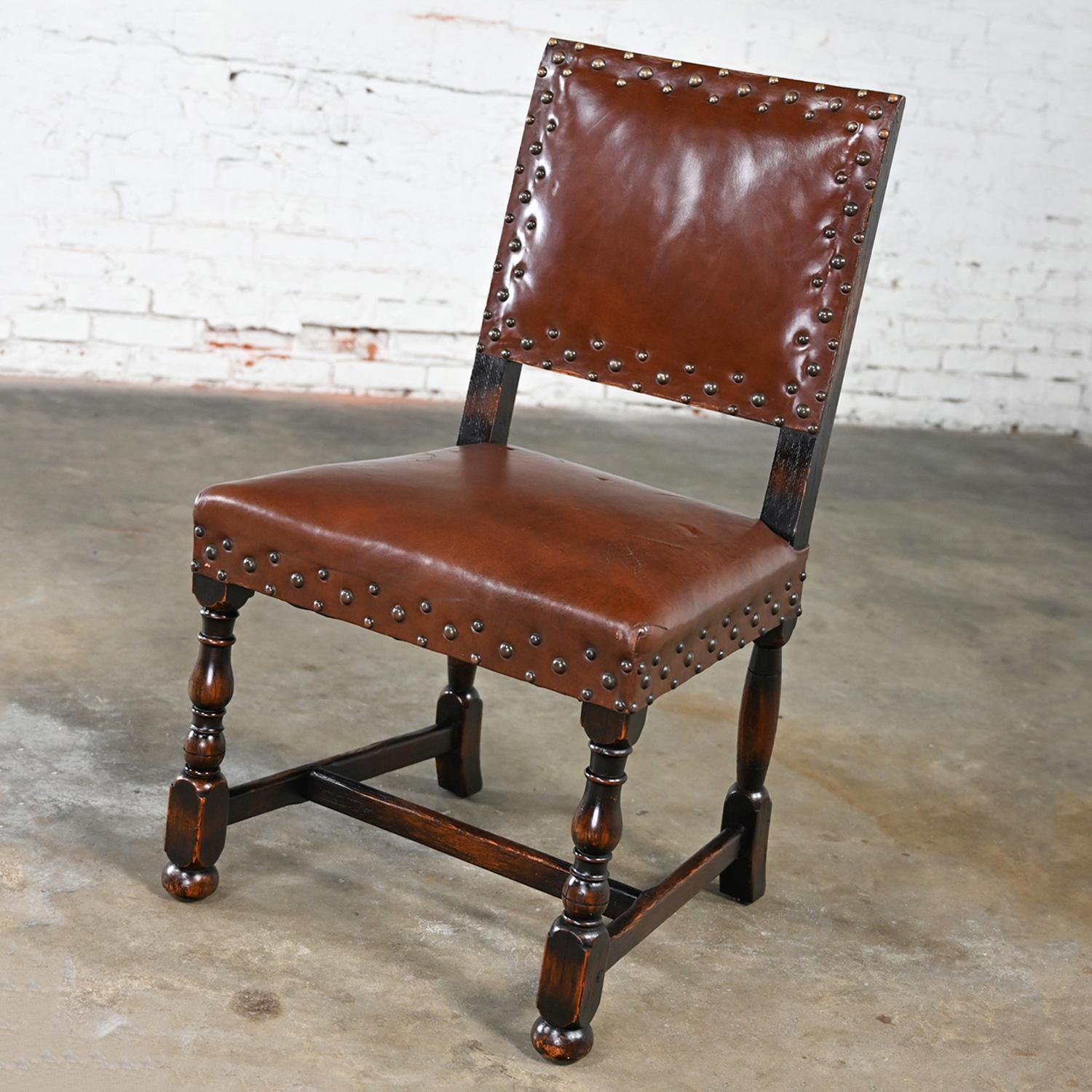 Spanish Revival Century Furniture Oak Side Chair Cognac Leather Nailhead Details For Sale 11