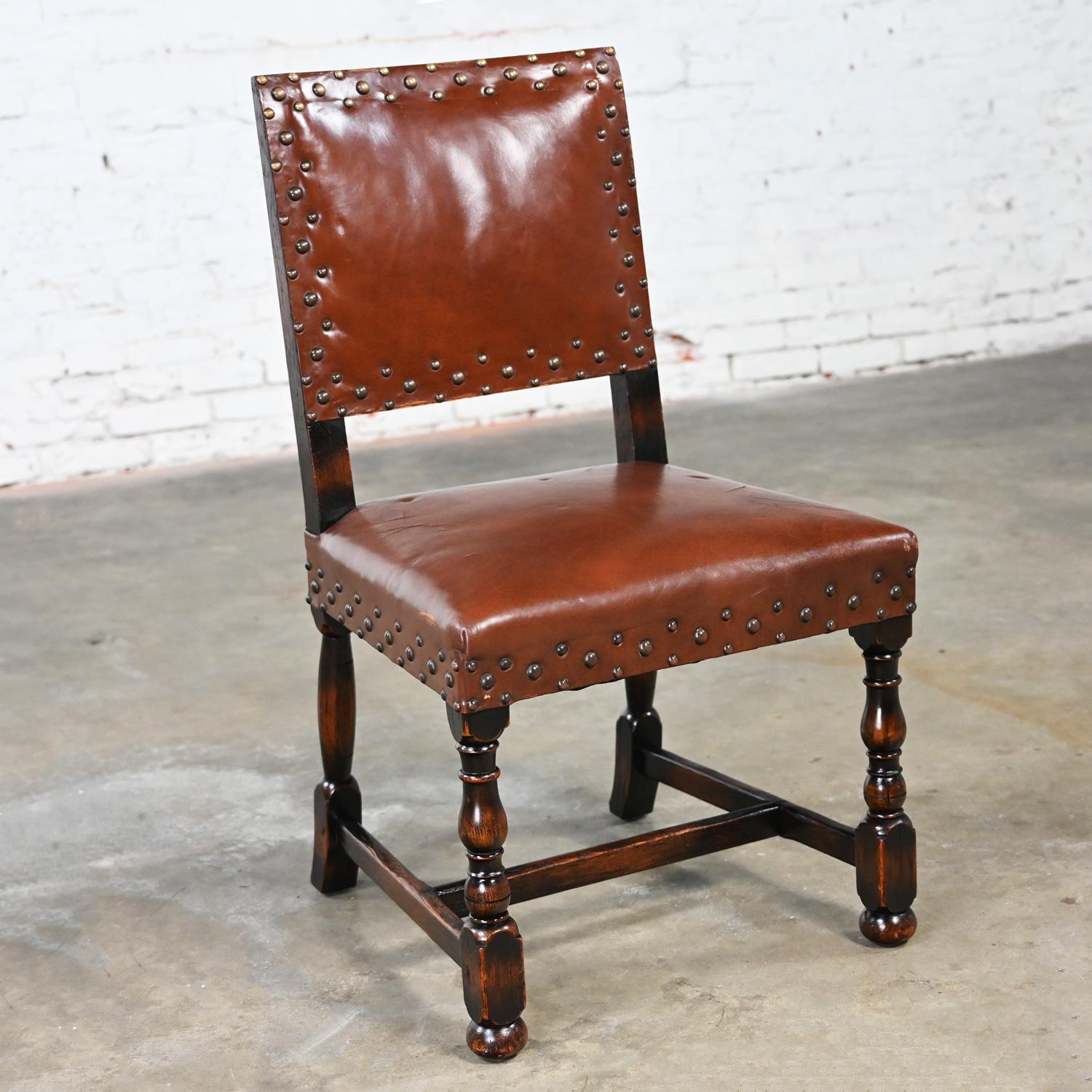 Spanish Revival Century Furniture Oak Side Chair Cognac Leather Nailhead Details For Sale 12