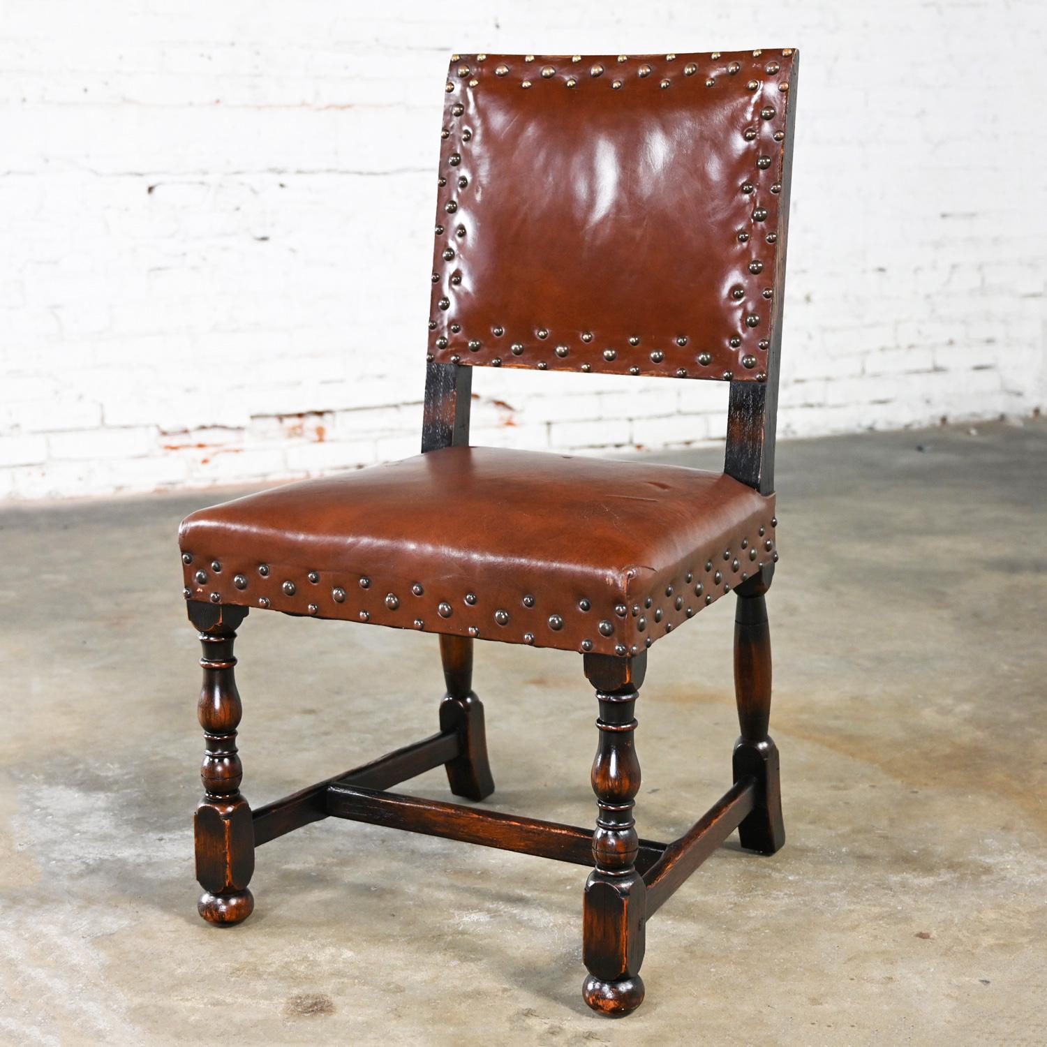 Spanish Colonial Spanish Revival Century Furniture Oak Side Chair Cognac Leather Nailhead Details For Sale