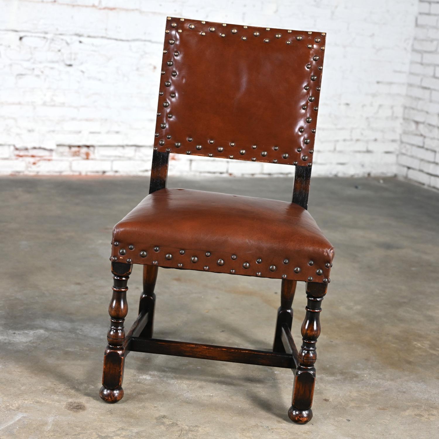American Spanish Revival Century Furniture Oak Side Chair Cognac Leather Nailhead Details For Sale
