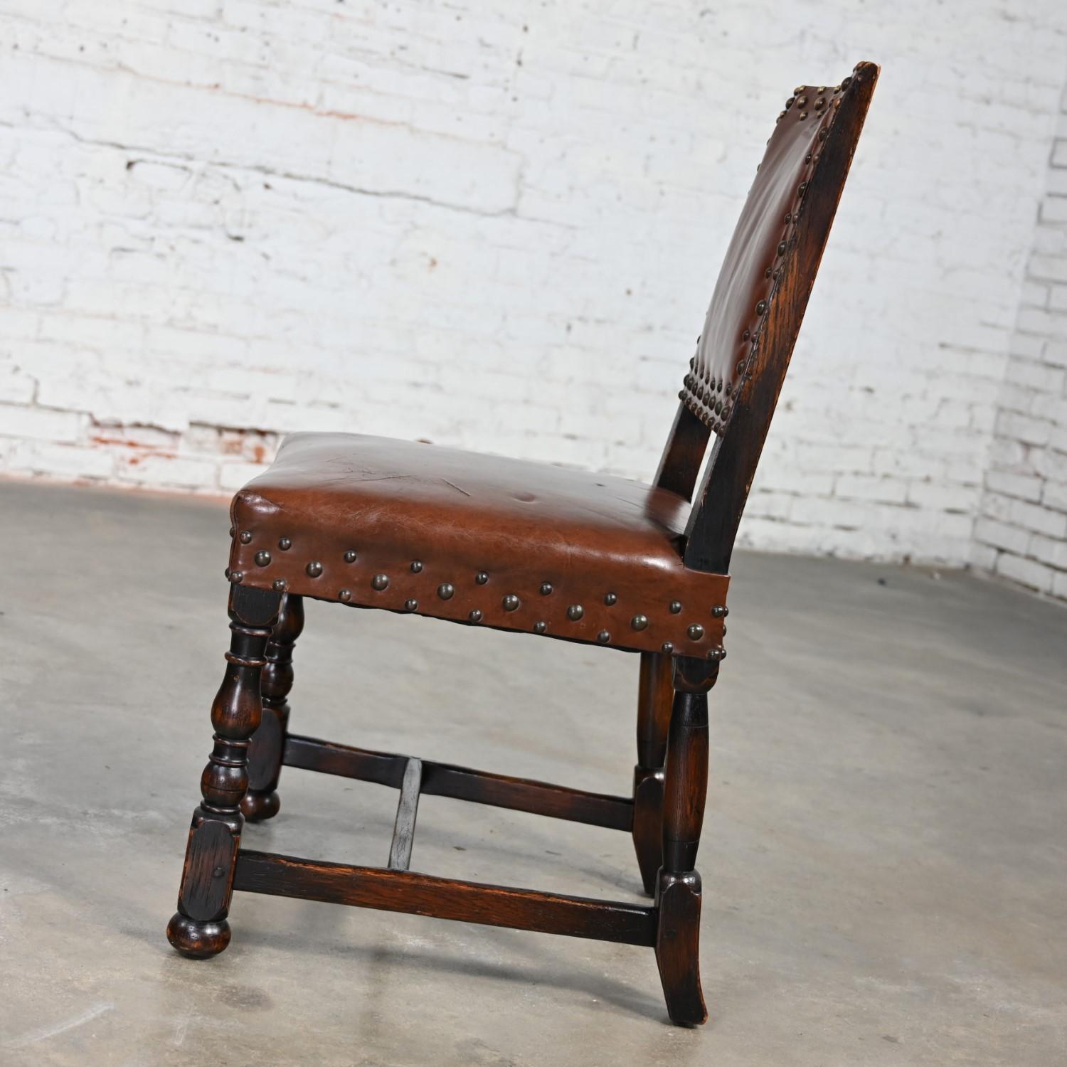Spanish Revival Century Furniture Oak Side Chair Cognac Leather Nailhead Details In Good Condition For Sale In Topeka, KS