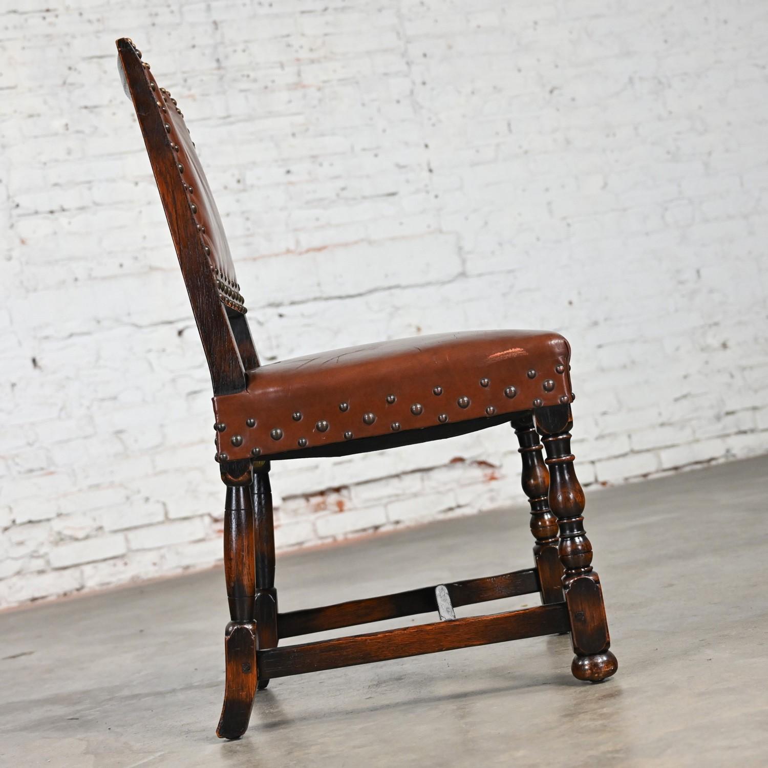 Metal Spanish Revival Century Furniture Oak Side Chair Cognac Leather Nailhead Details For Sale