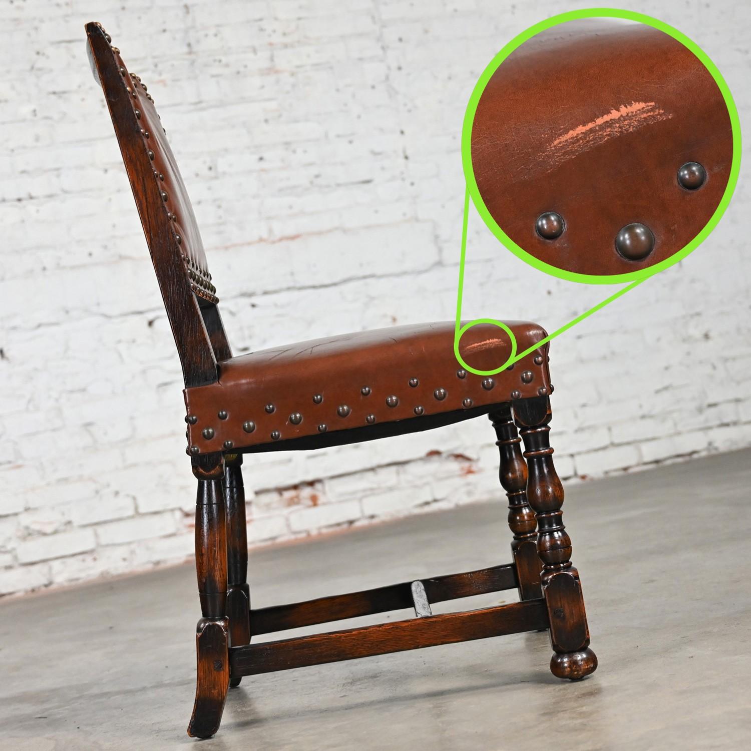 Spanish Revival Century Furniture Oak Side Chair Cognac Leather Nailhead Details For Sale 1