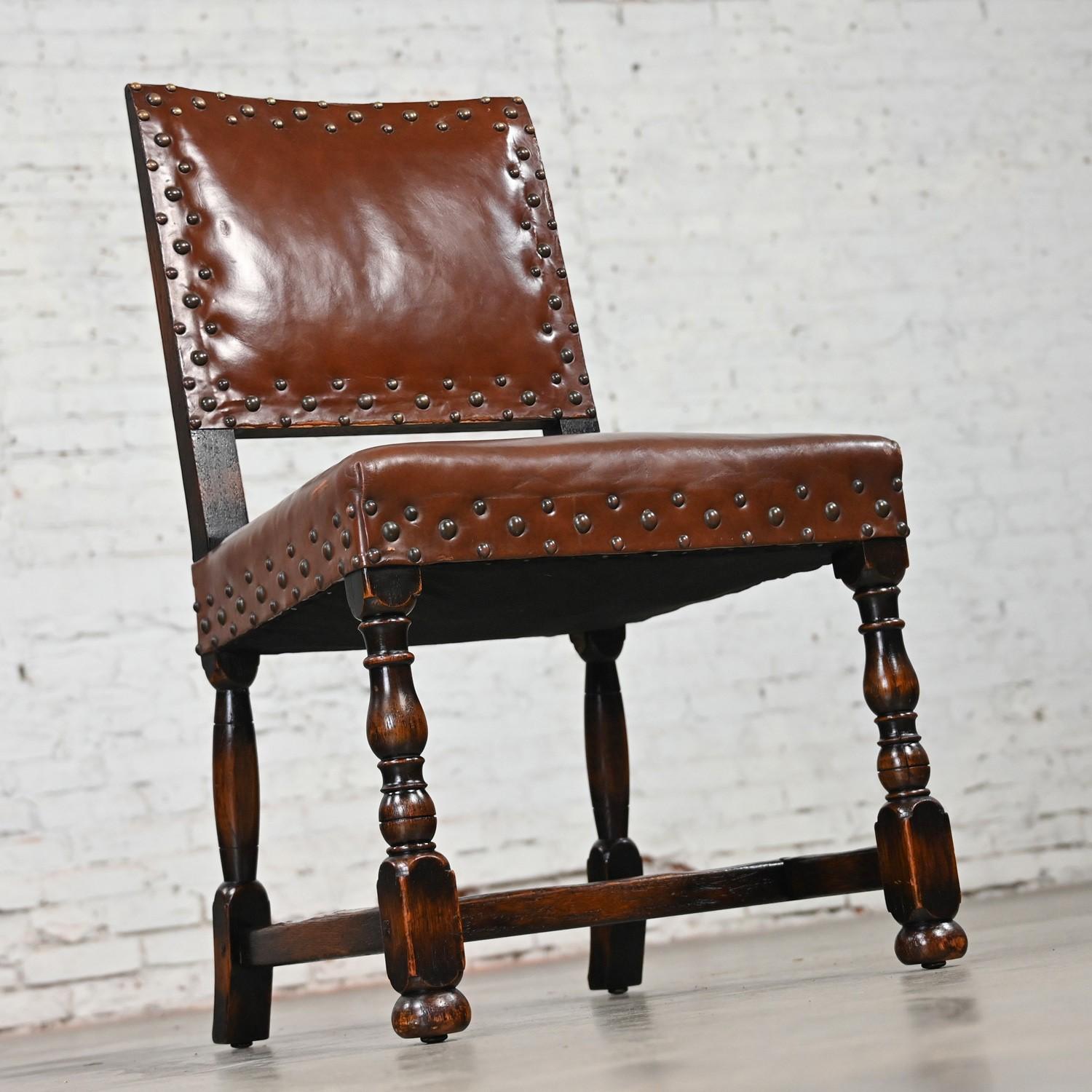 Spanish Revival Century Furniture Oak Side Chair Cognac Leather Nailhead Details For Sale 2
