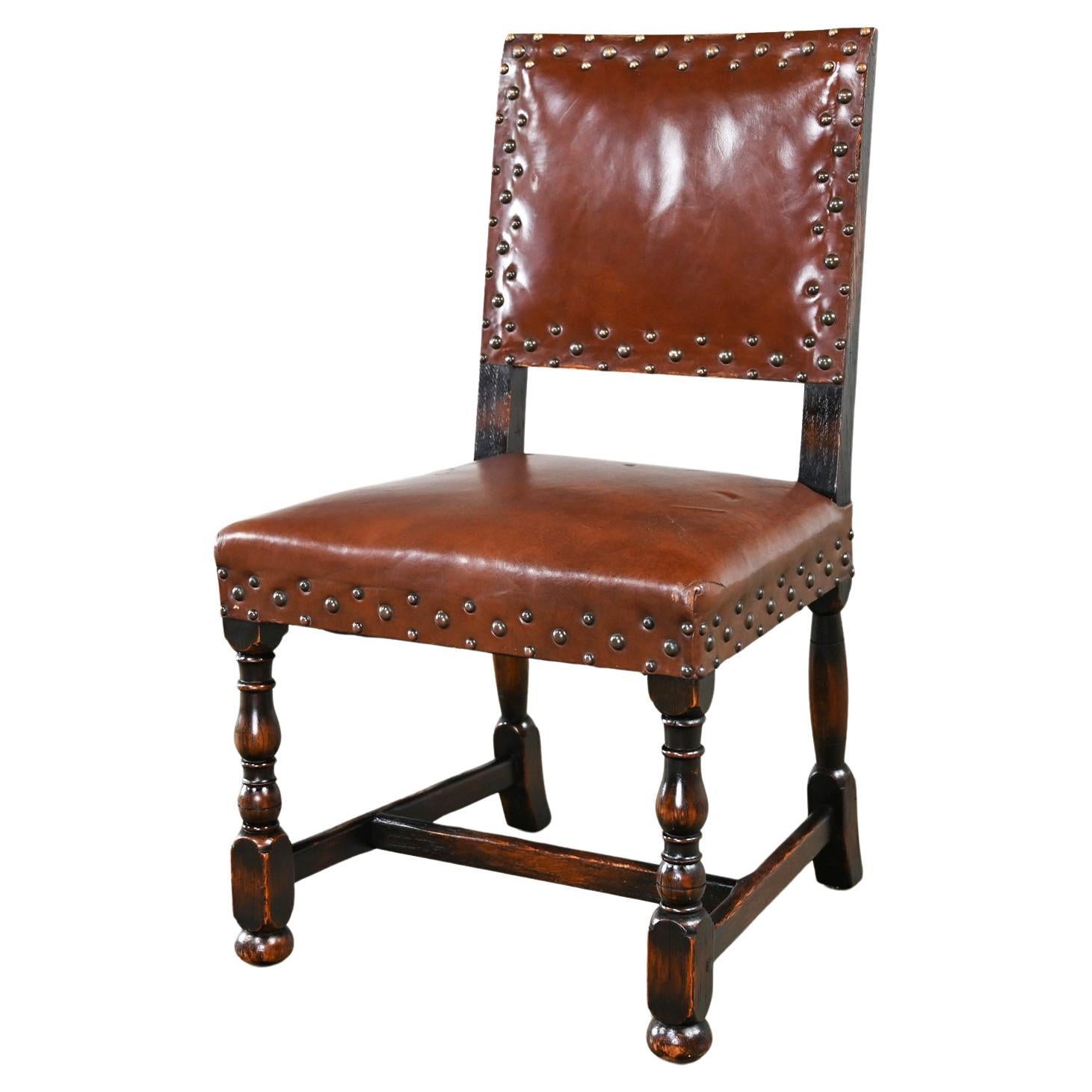 Spanish Revival Century Furniture Oak Side Chair Cognac Leather Nailhead Details For Sale
