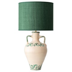 Spanish Revival Ceramic Table Lamp from Granada, New Green Silk Shade