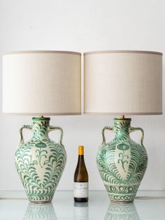 Lámparas de mesa de cerámica del Renacimiento español de Granada, pantallas de lino nuevas, par