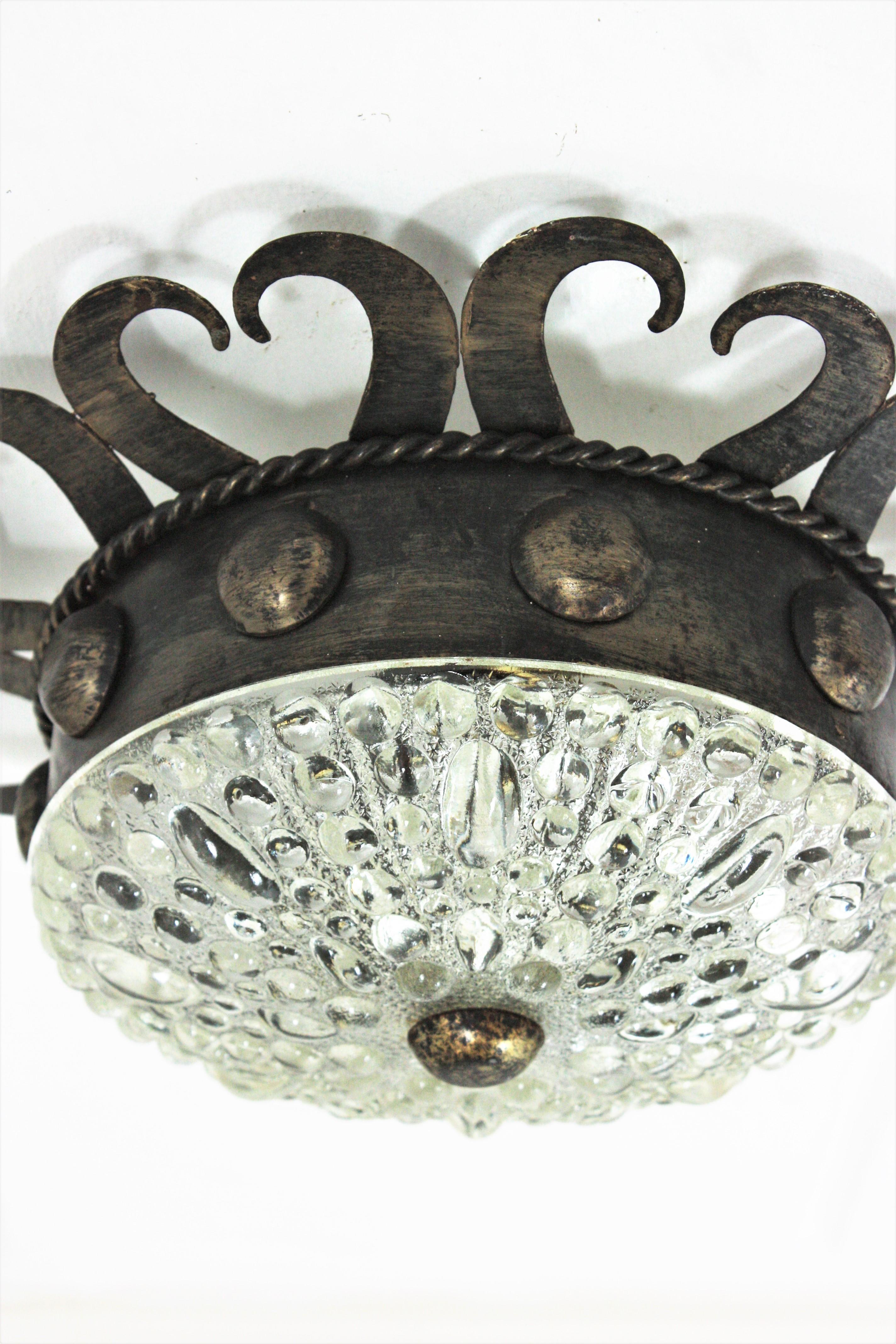 Spanish Revival Crown Sunburst Light Fixture, Iron and Glass For Sale 5