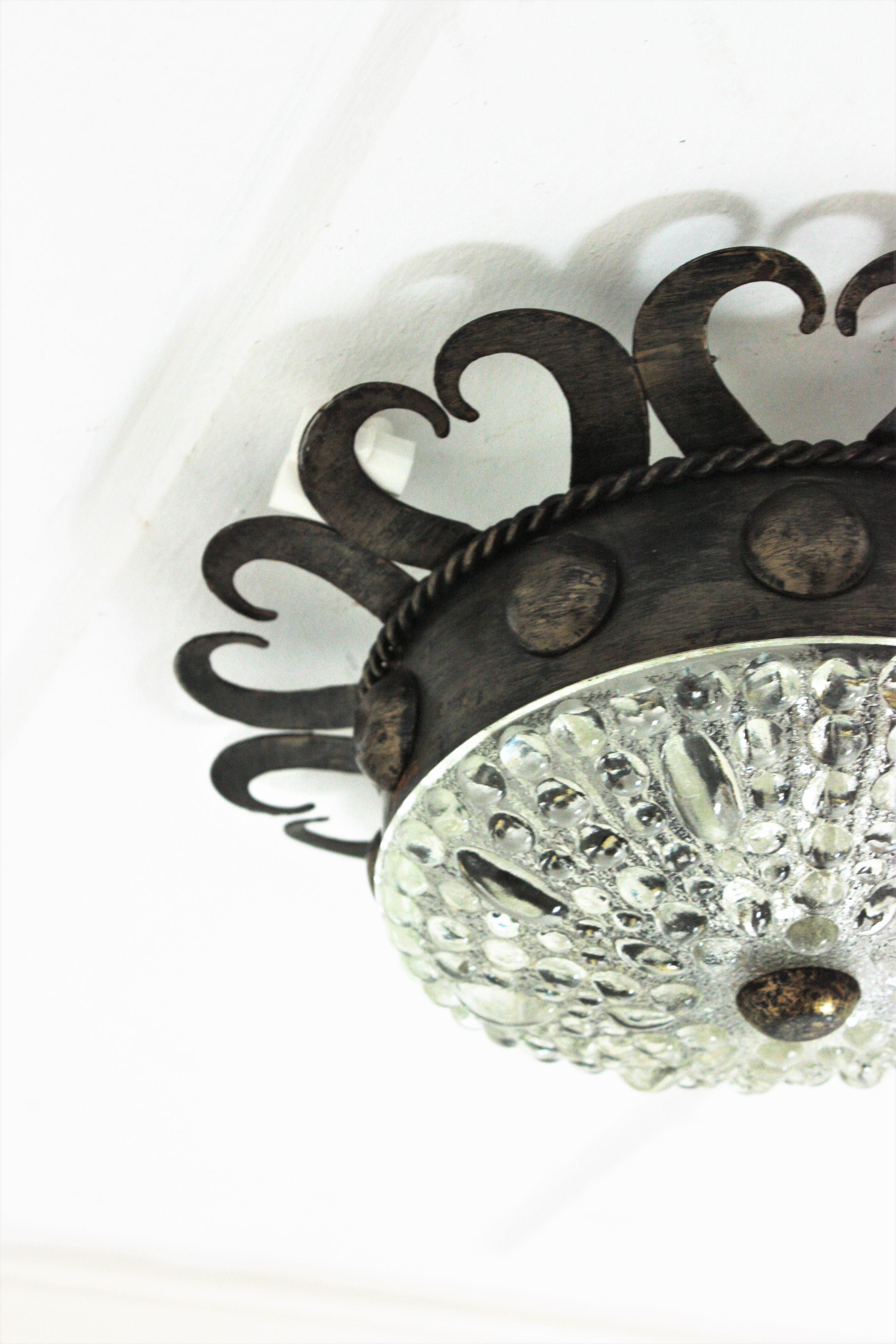 Spanish Revival Crown Sunburst Light Fixture, Iron and Glass For Sale 6