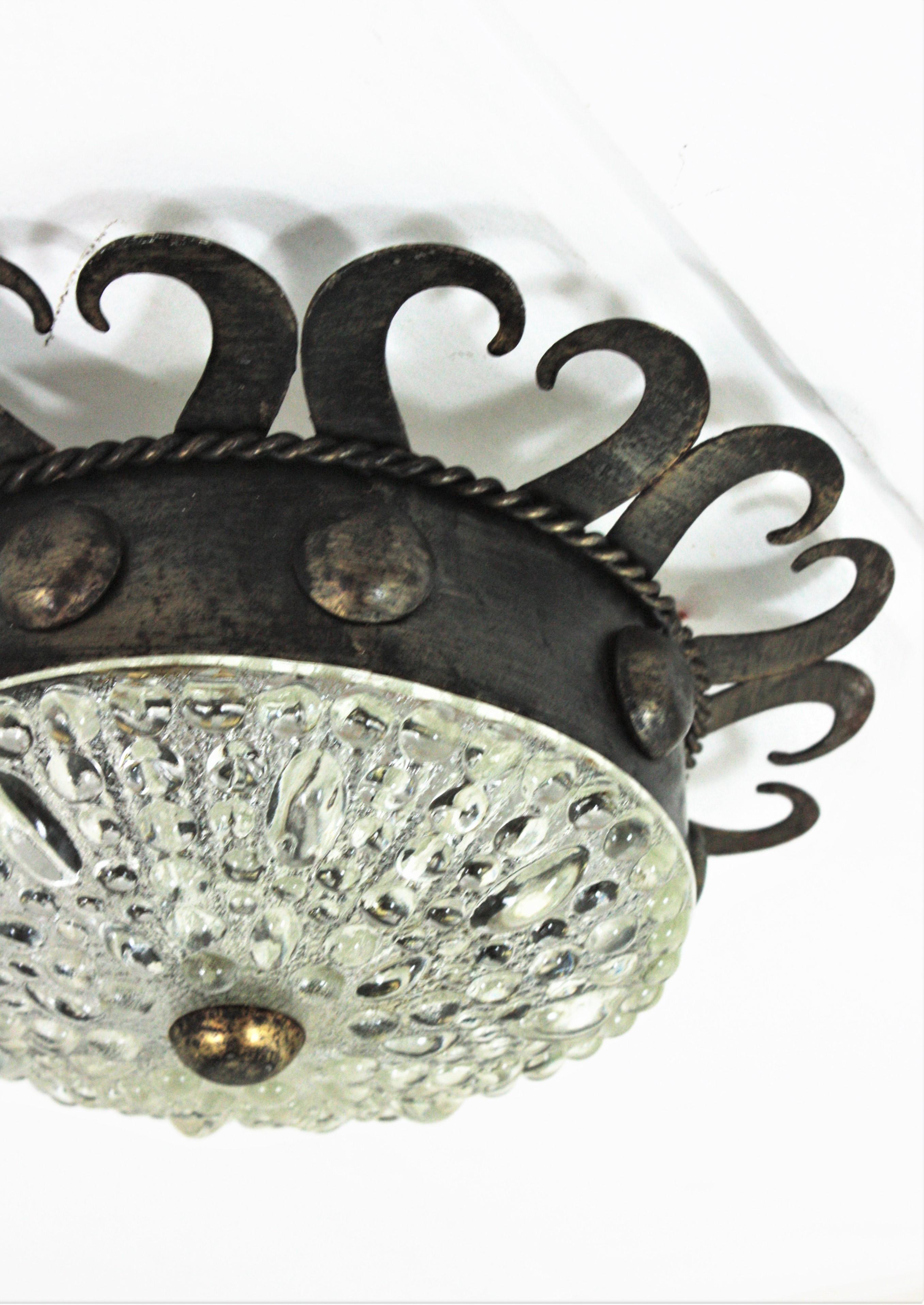 Spanish Revival Crown Sunburst Light Fixture, Iron and Glass For Sale 7