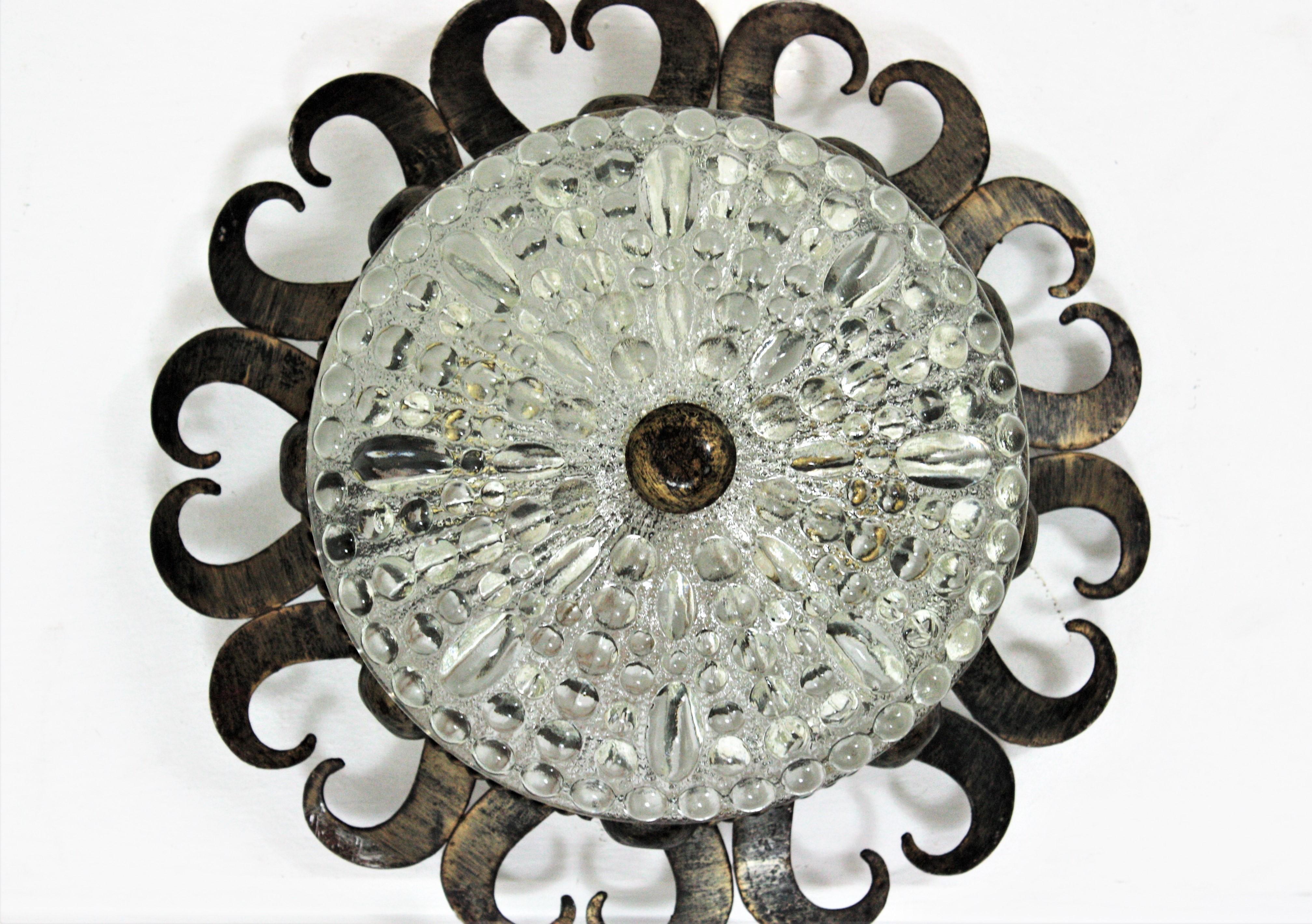 Spanish Revival Crown Sunburst Light Fixture, Iron and Glass For Sale 8