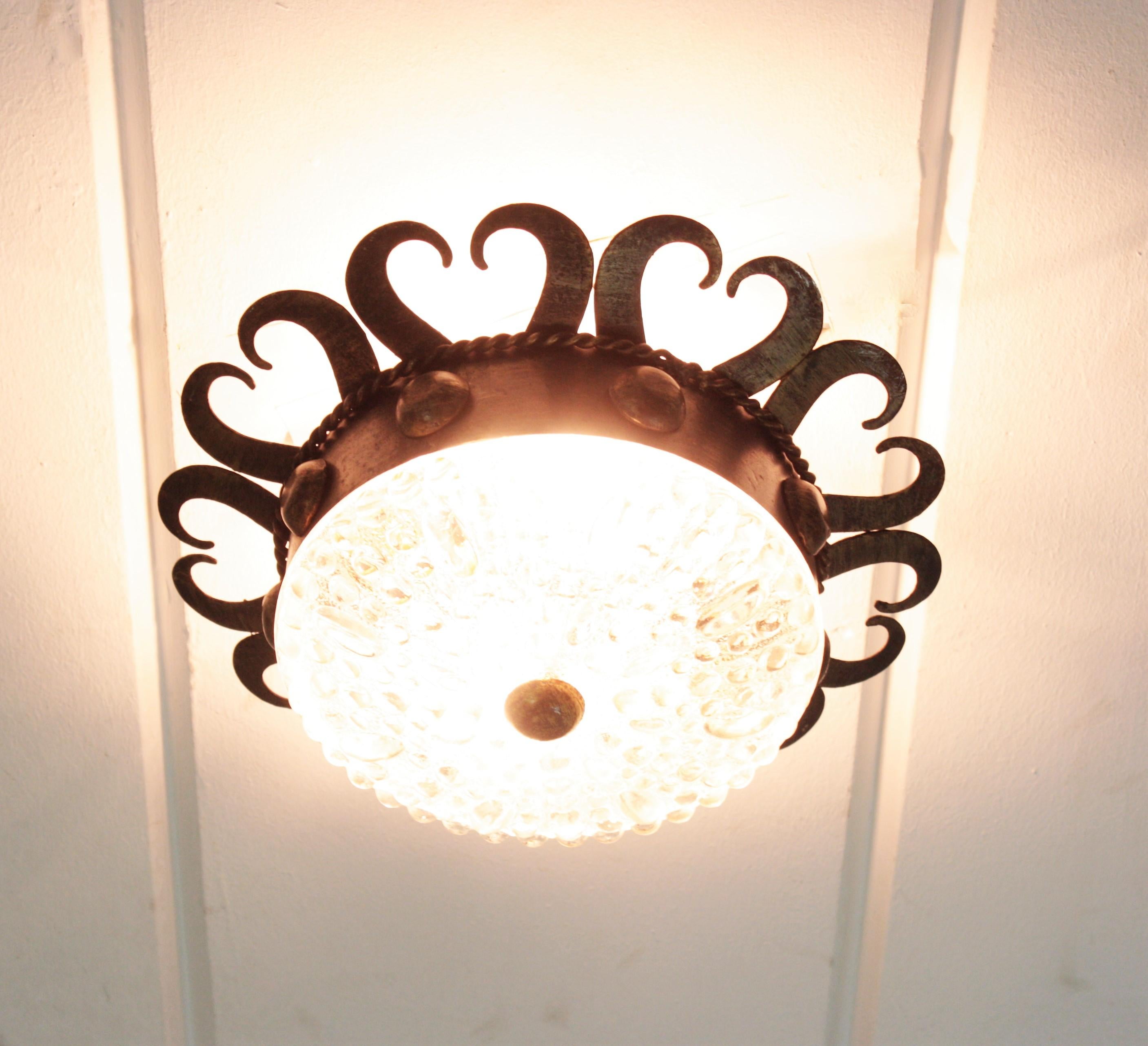 Spanish Revival Crown Sunburst Light Fixture, Iron and Glass In Good Condition For Sale In Barcelona, ES