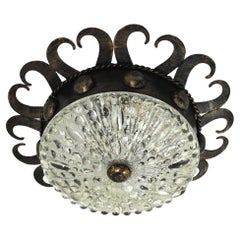 Spanish Revival Crown Sunburst Light Fixture in Patinated Iron and Glass