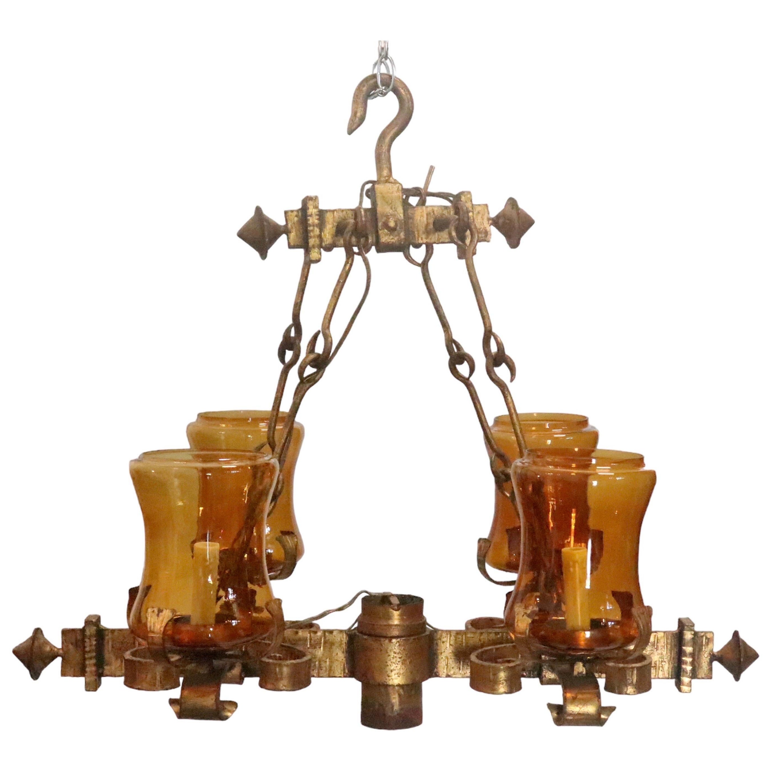 Spanish Revival Elongated Gold Iron 4 Light Chandelier