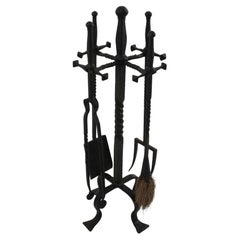 Spanish Revival Fireplace Tools Set Stand in Hand Forged Iron, Sword Design