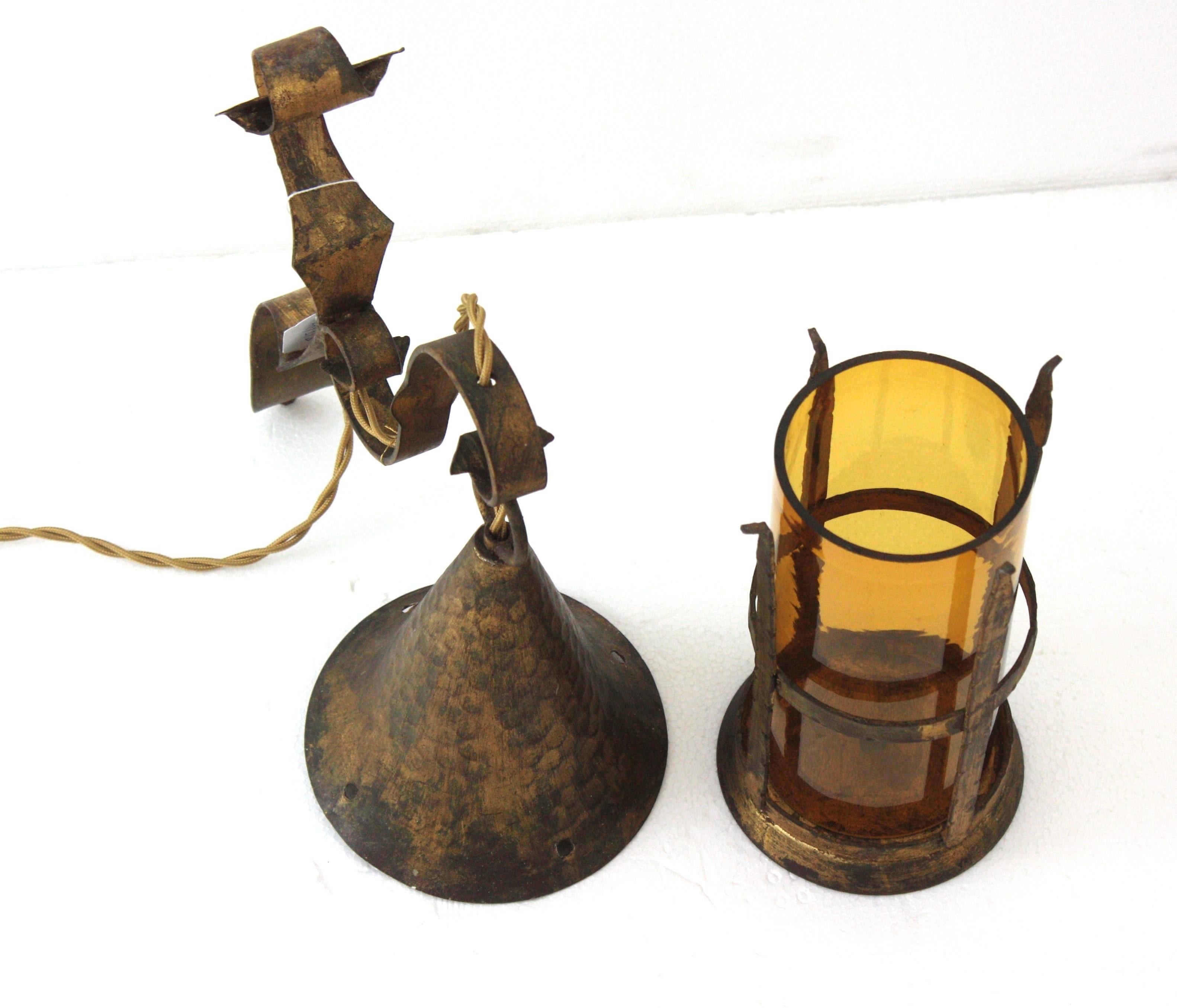 Spanish Revival Gilt Iron and Amber Glass Wall Lantern / Wall Sconce, 1940s For Sale 7