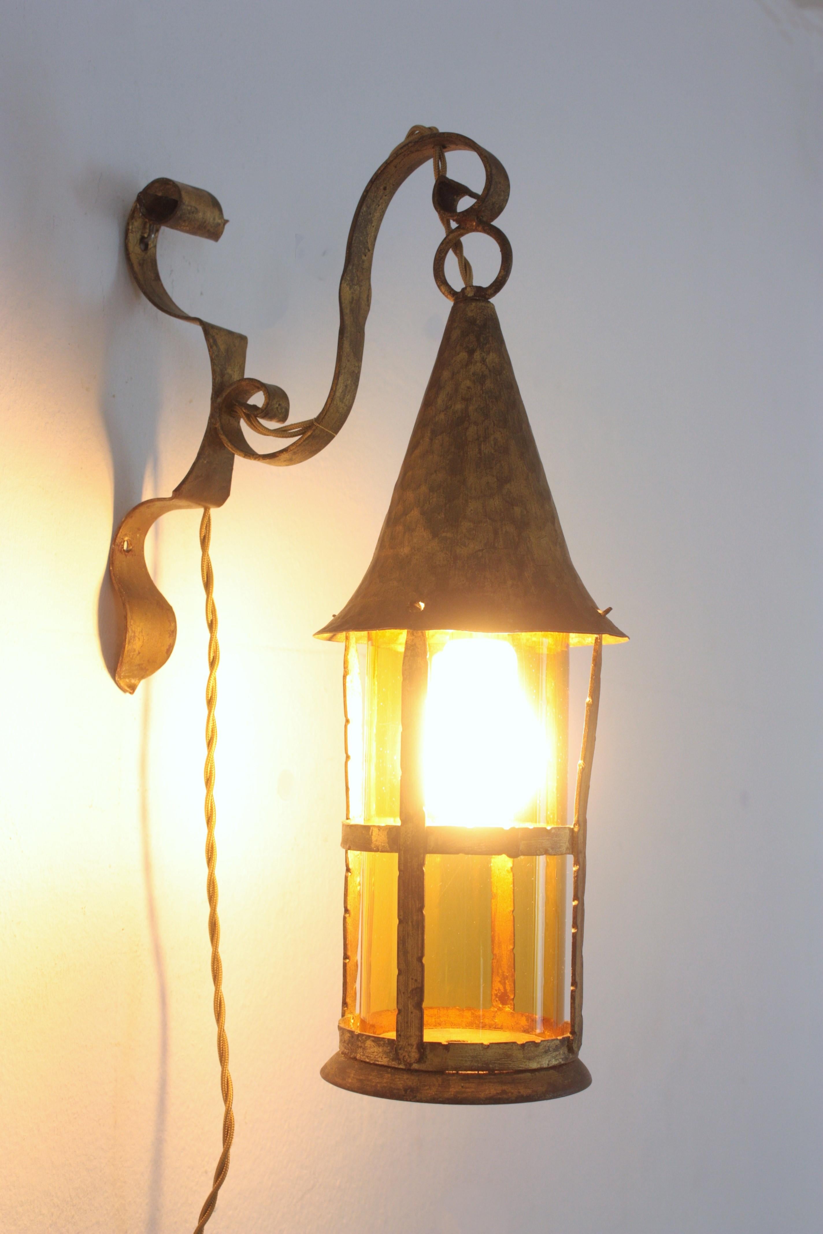 Gothic Spanish Revival Gilt Iron and Amber Glass Wall Lantern / Wall Sconce, 1940s For Sale