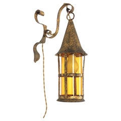 Spanish Revival Gilt Iron Lantern / Wall Light, Hand Forged Iron and Amber Glass