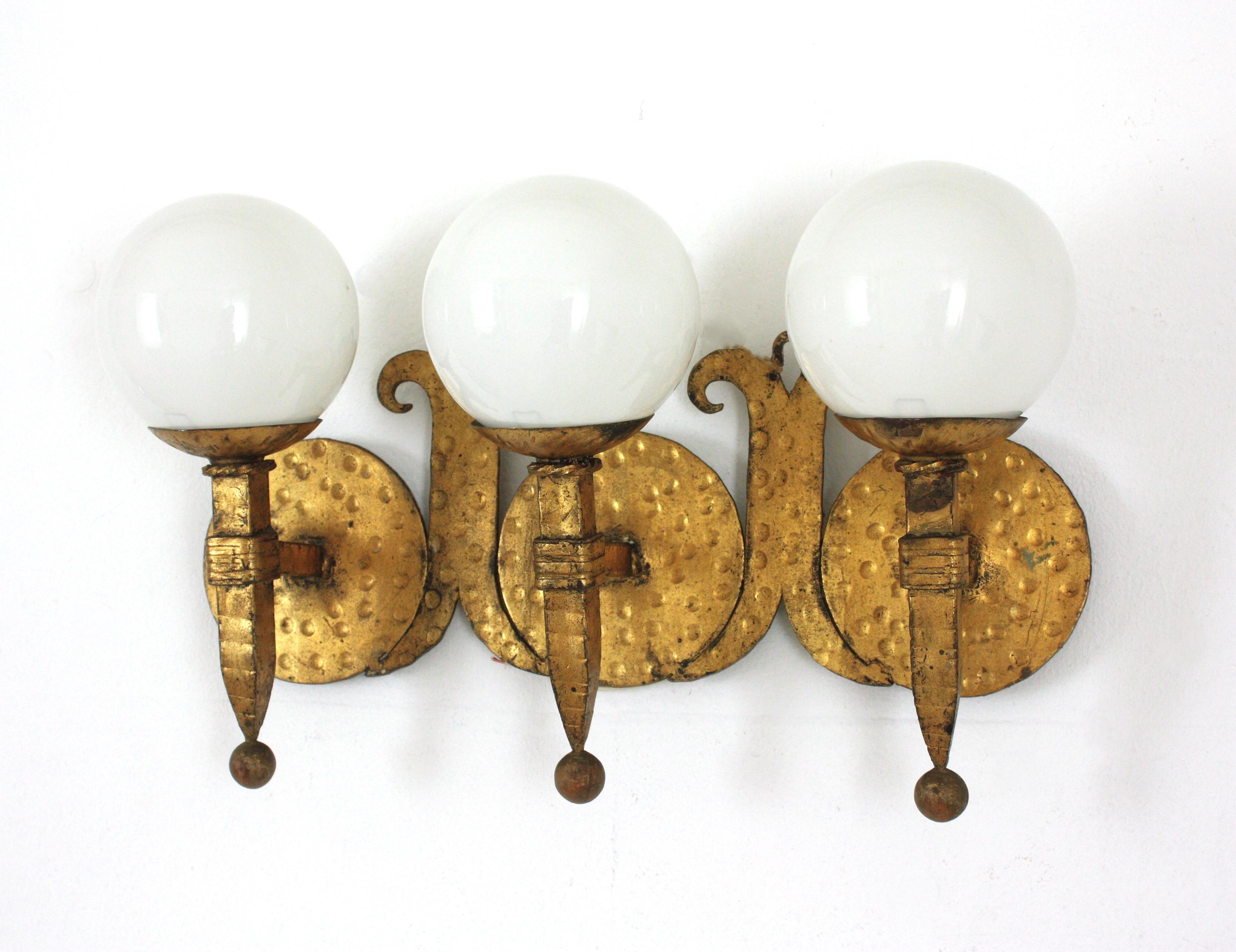 Torch Wall Light in Gilt Iron with Milk Glass Globes, Spain 1940s For Sale 3