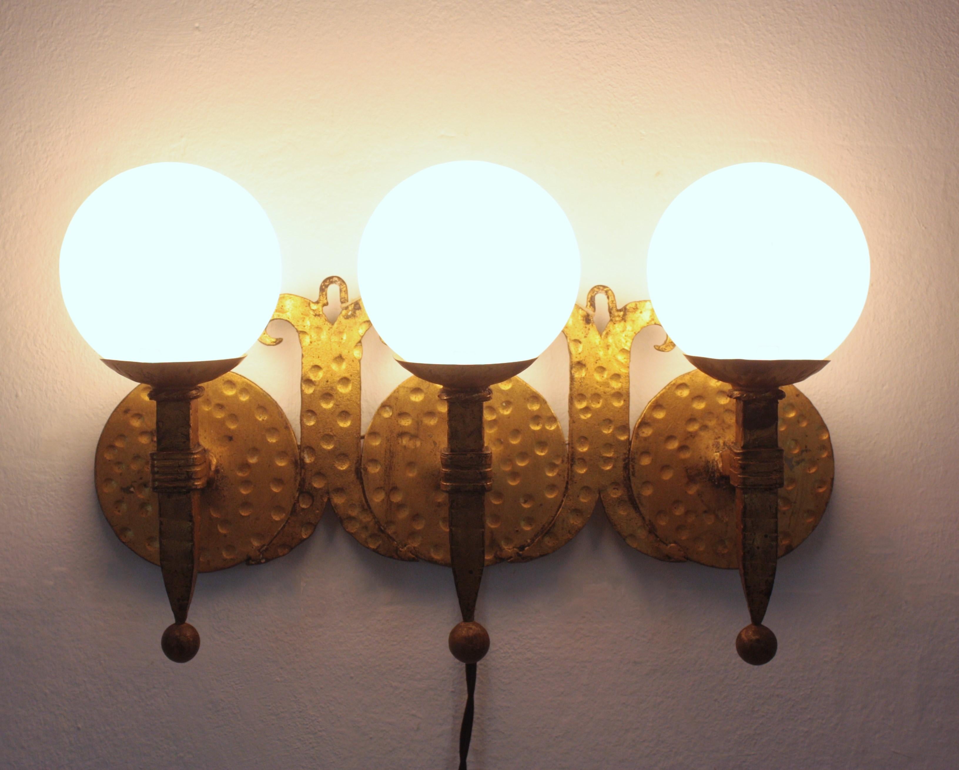 Torch Wall Light in Gilt Iron with Milk Glass Globes, Spain 1940s For Sale 4