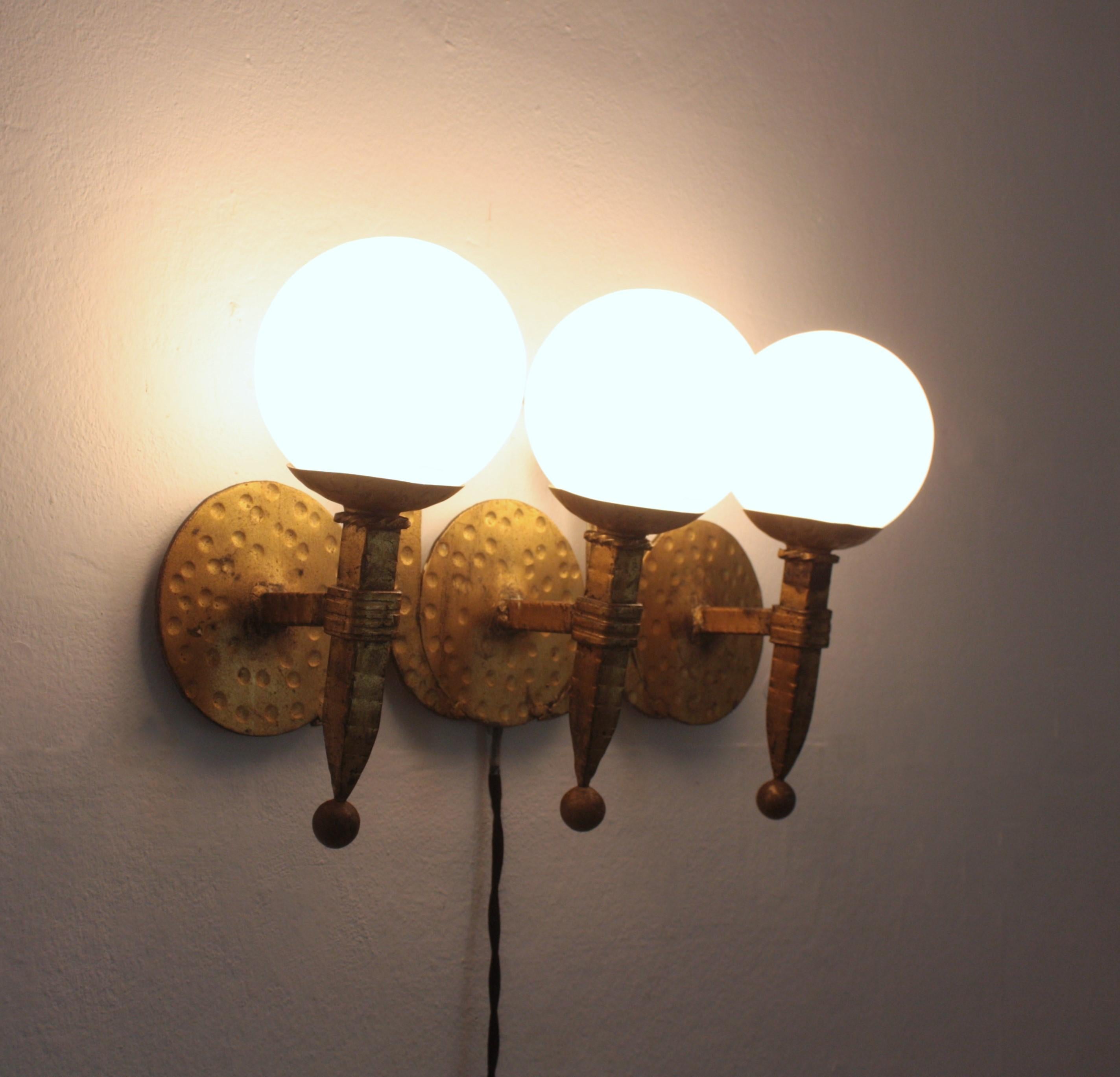 Torch Wall Light in Gilt Iron with Milk Glass Globes, Spain 1940s For Sale 5