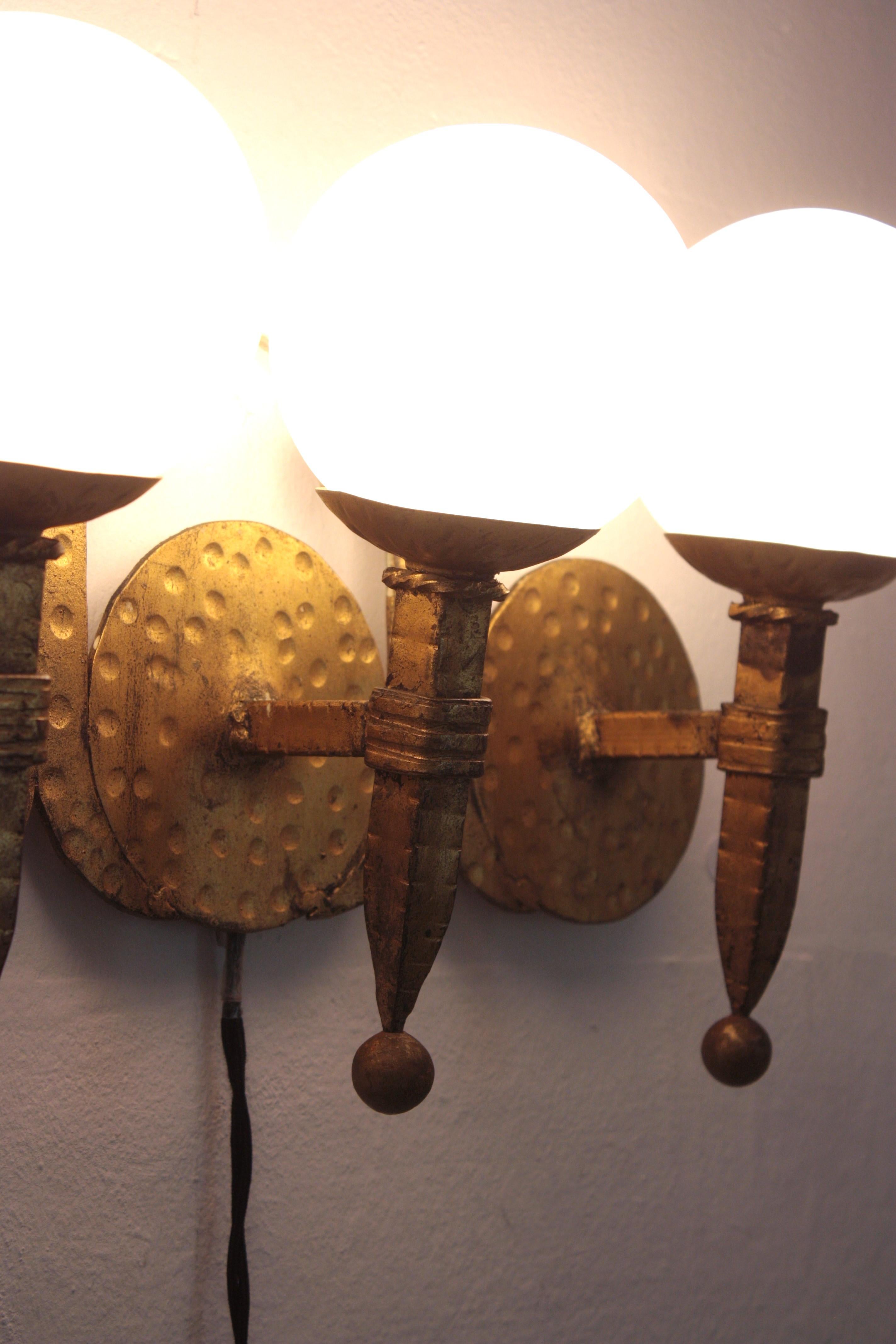 Torch Wall Light in Gilt Iron with Milk Glass Globes, Spain 1940s For Sale 6