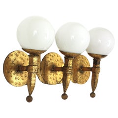Torch Wall Sconce in Gilt Iron with Milk Glass Globes, Spain 1940s