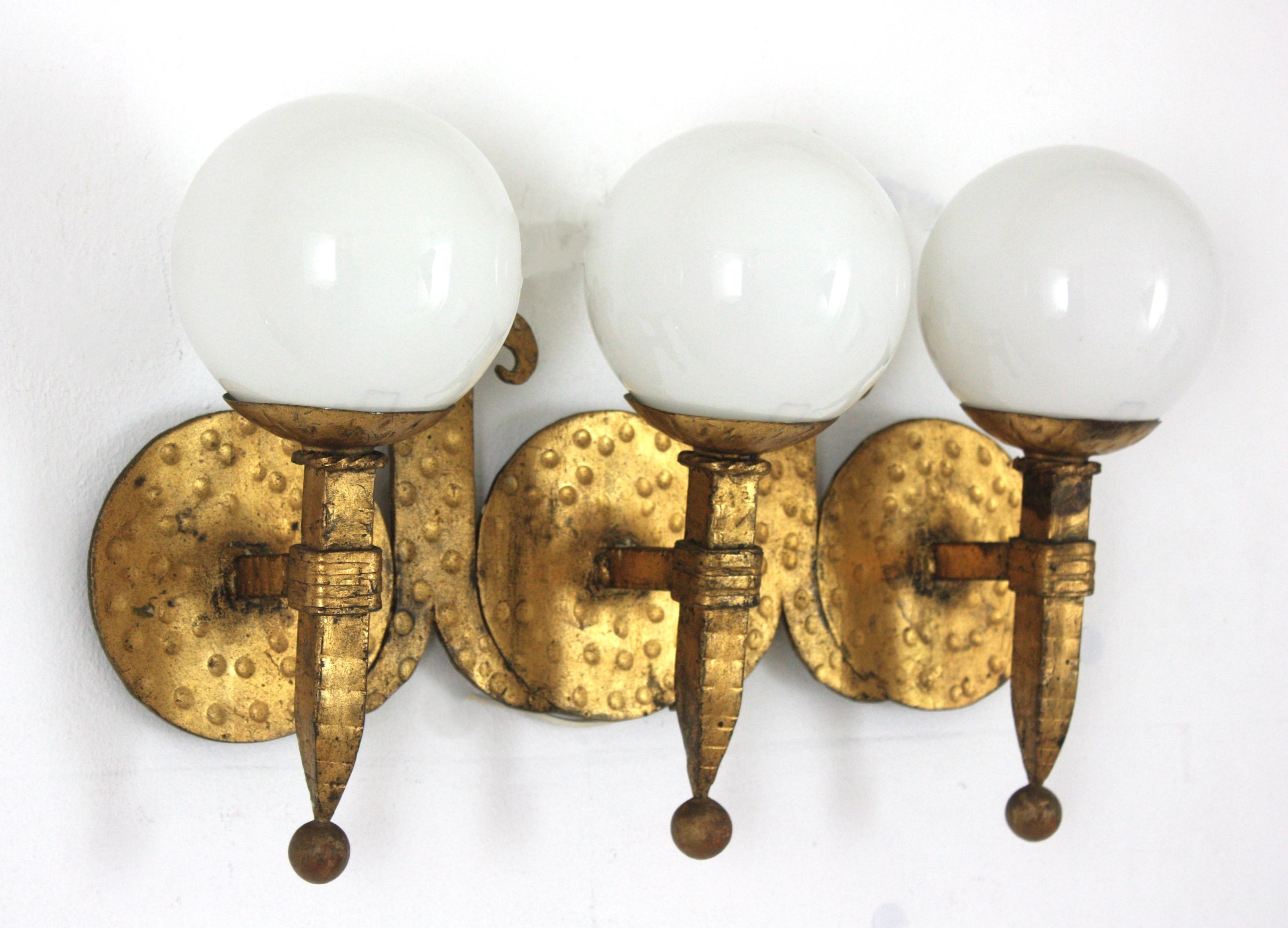 Mid-Century Modern Torch Wall Light in Gilt Iron with Milk Glass Globes, Spain 1940s For Sale
