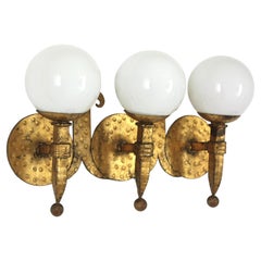 Torch Wall Sconce in Gilt Iron with Milk Glass Globes, Spain 1940s