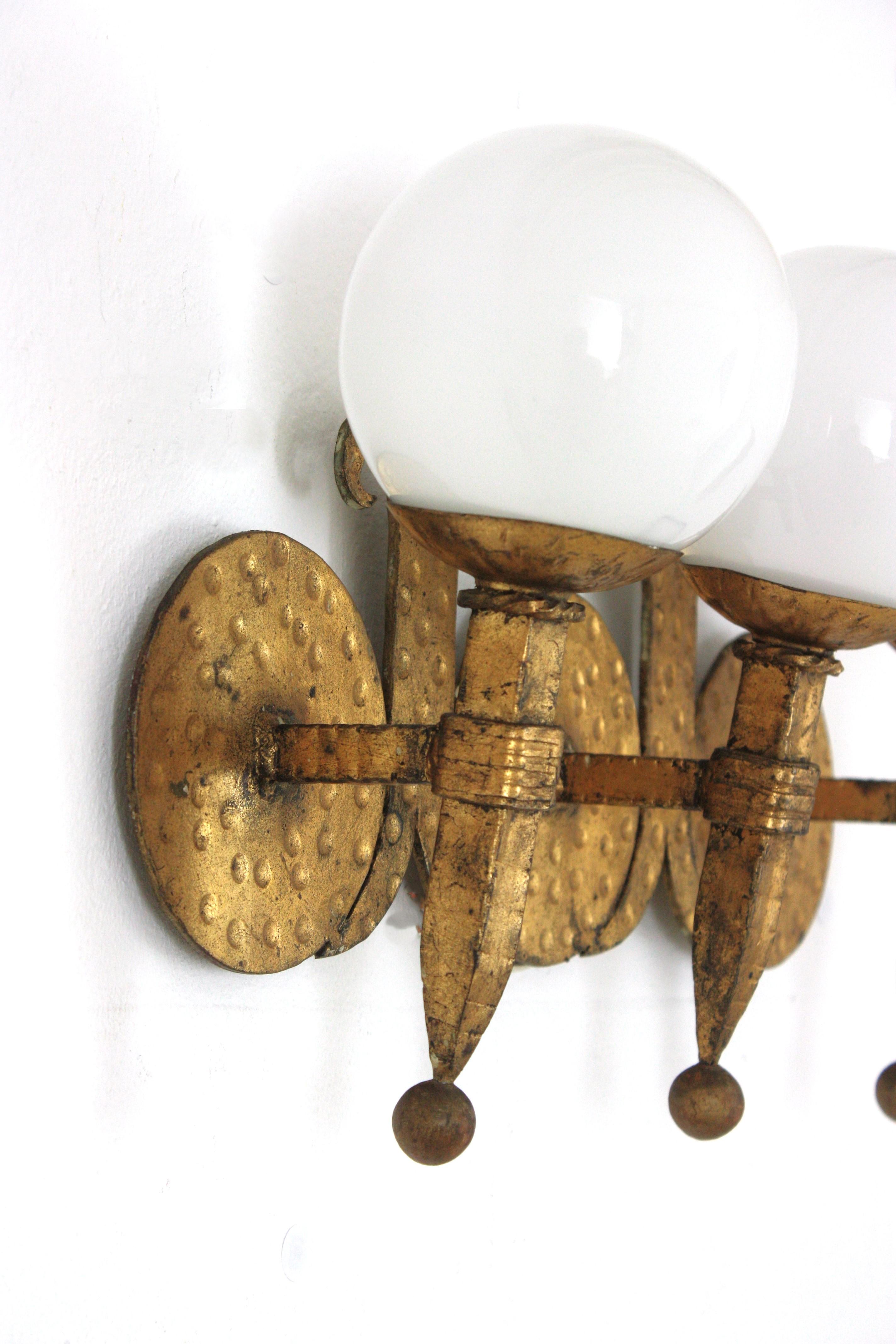 Torch Wall Light in Gilt Iron with Milk Glass Globes, Spain 1940s In Good Condition For Sale In Barcelona, ES