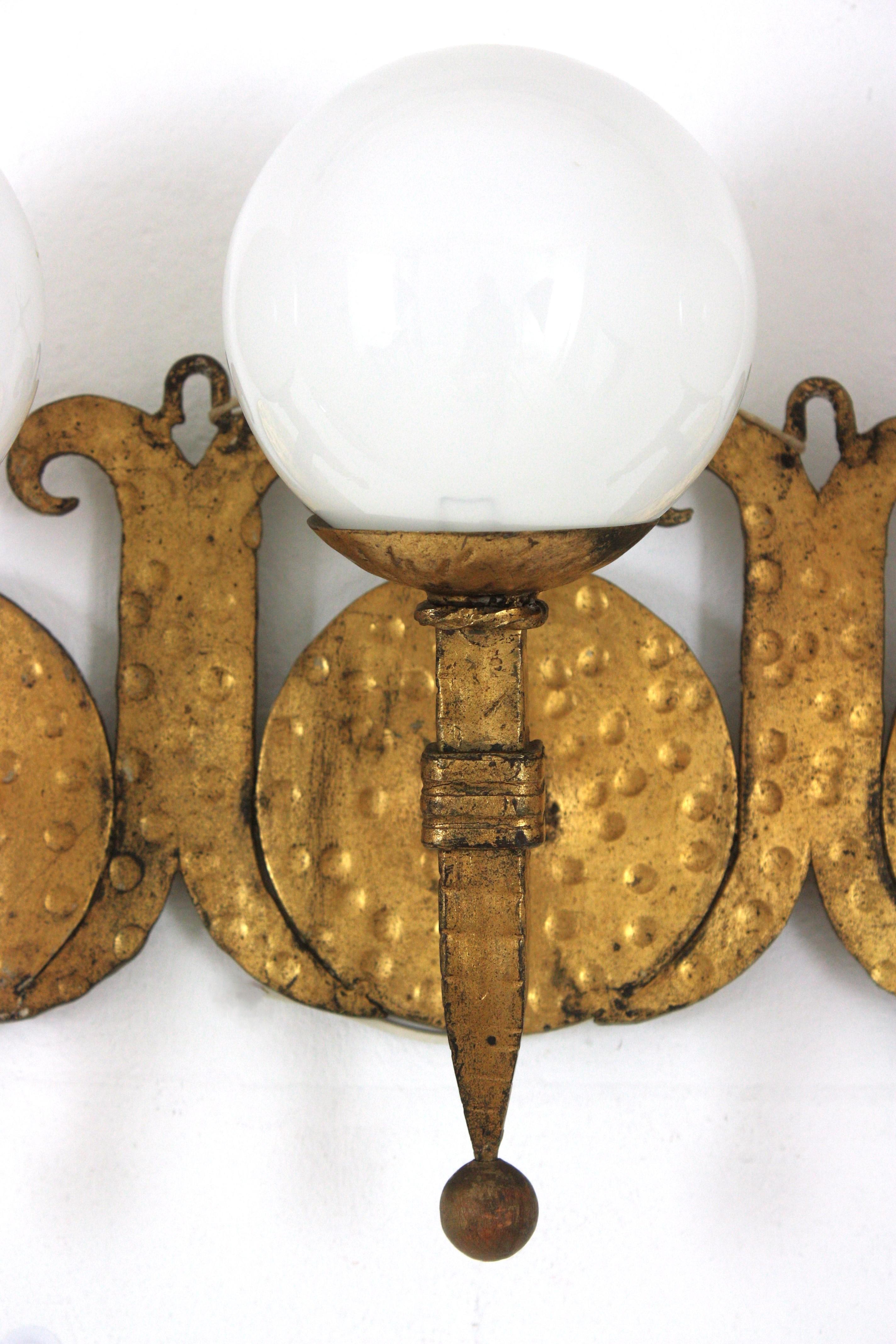 Torch Wall Light in Gilt Iron with Milk Glass Globes, Spain 1940s For Sale 1