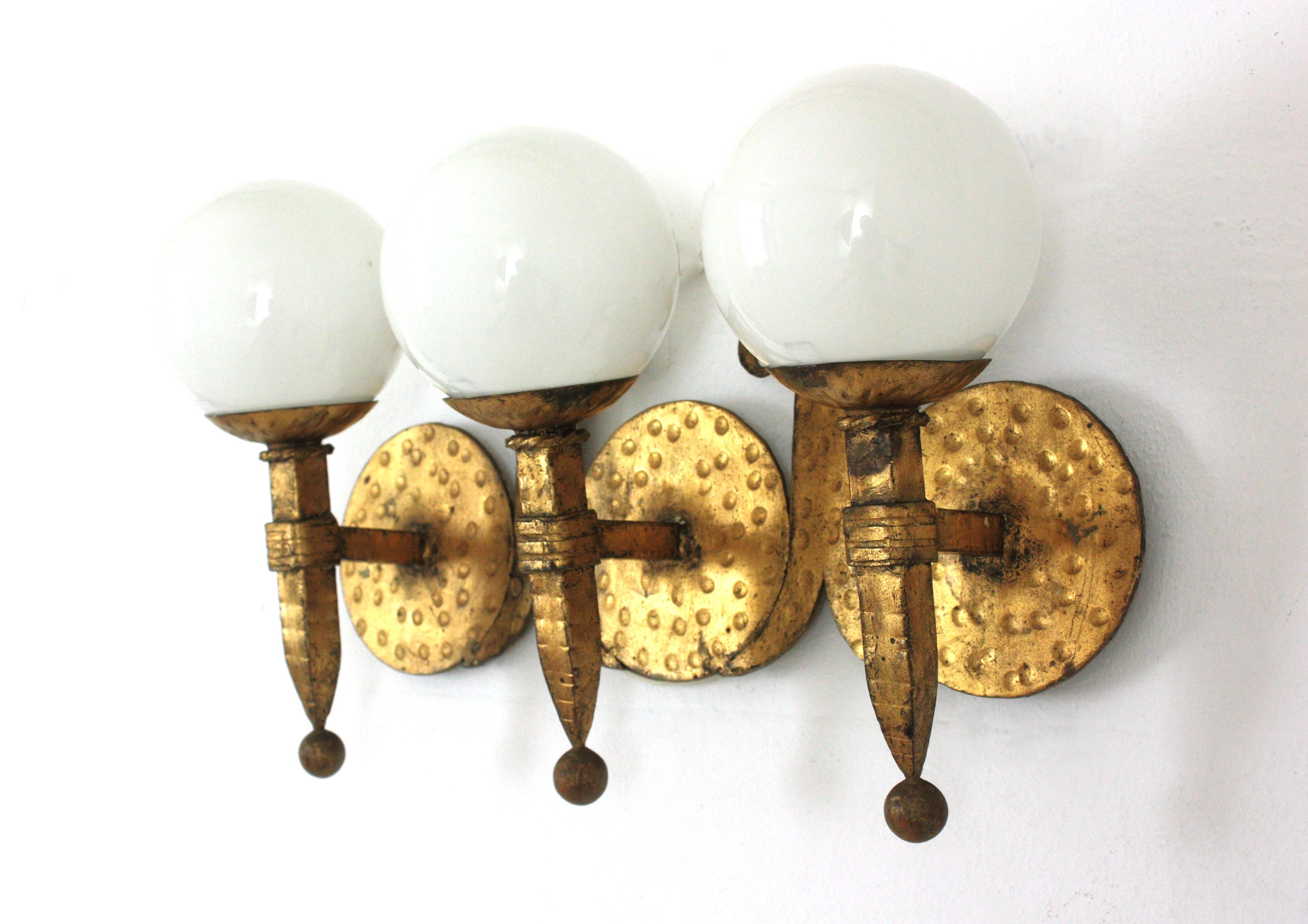 Torch Wall Light in Gilt Iron with Milk Glass Globes, Spain 1940s For Sale 2