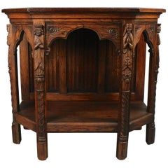 Antique Spanish Revival Gothic Carved Oak Console with Lower Shelf