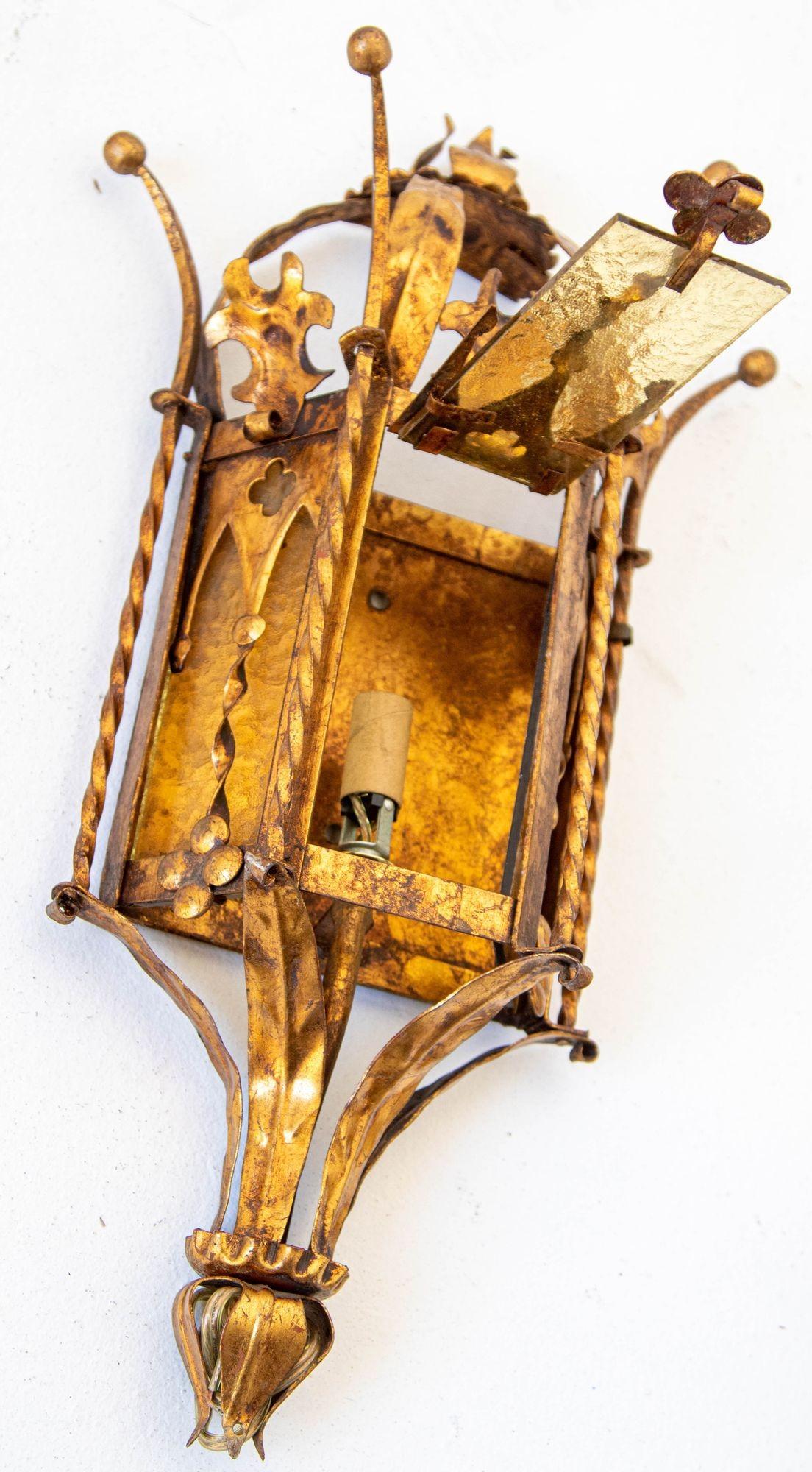 Spanish Revival Gothic Hand Forged Metal Gilt Wall Sconces a Pair circa 1950s For Sale 5