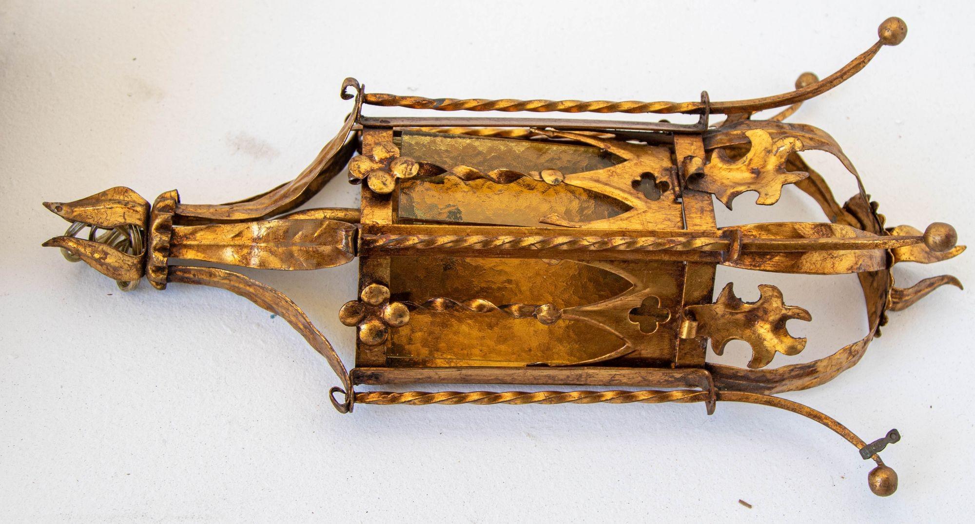 Spanish Revival Gothic Hand Forged Metal Gilt Wall Sconces a Pair circa 1950s For Sale 7
