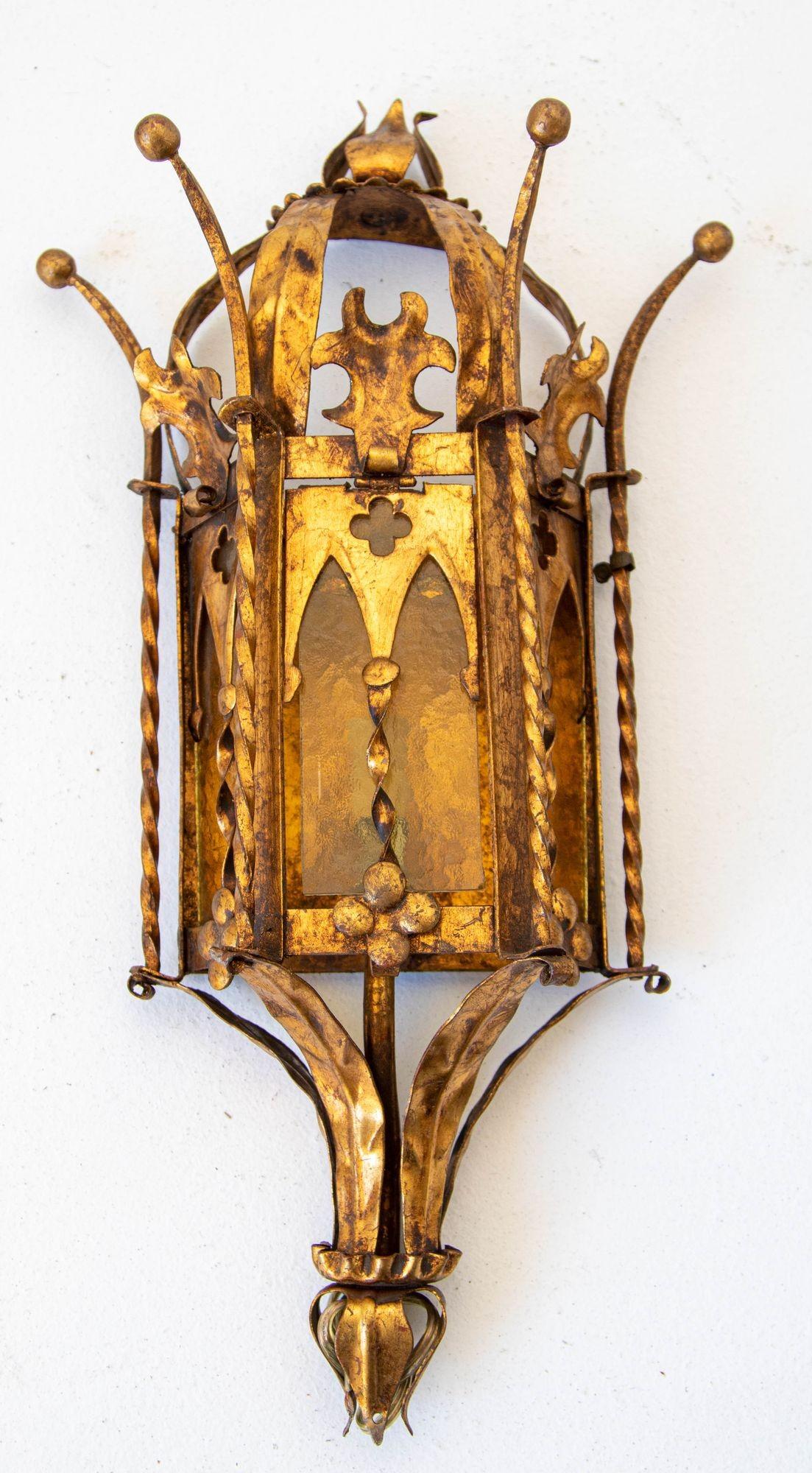 Spanish Revival Gothic Hand Forged Metal Gilt Wall Sconces a Pair circa 1950s For Sale 9