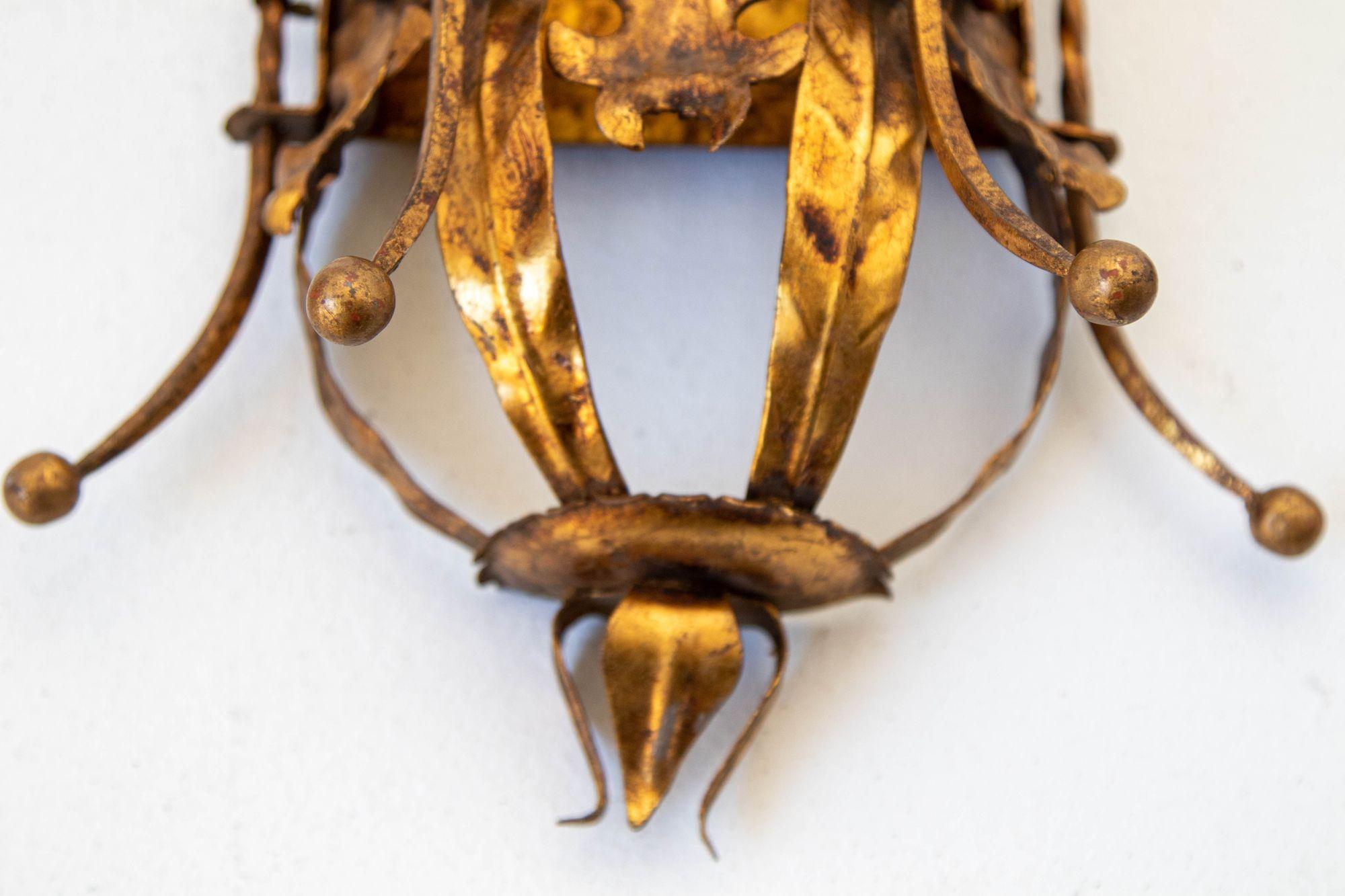 Spanish Revival Gothic Hand Forged Metal Gilt Wall Sconces a Pair circa 1950s For Sale 10