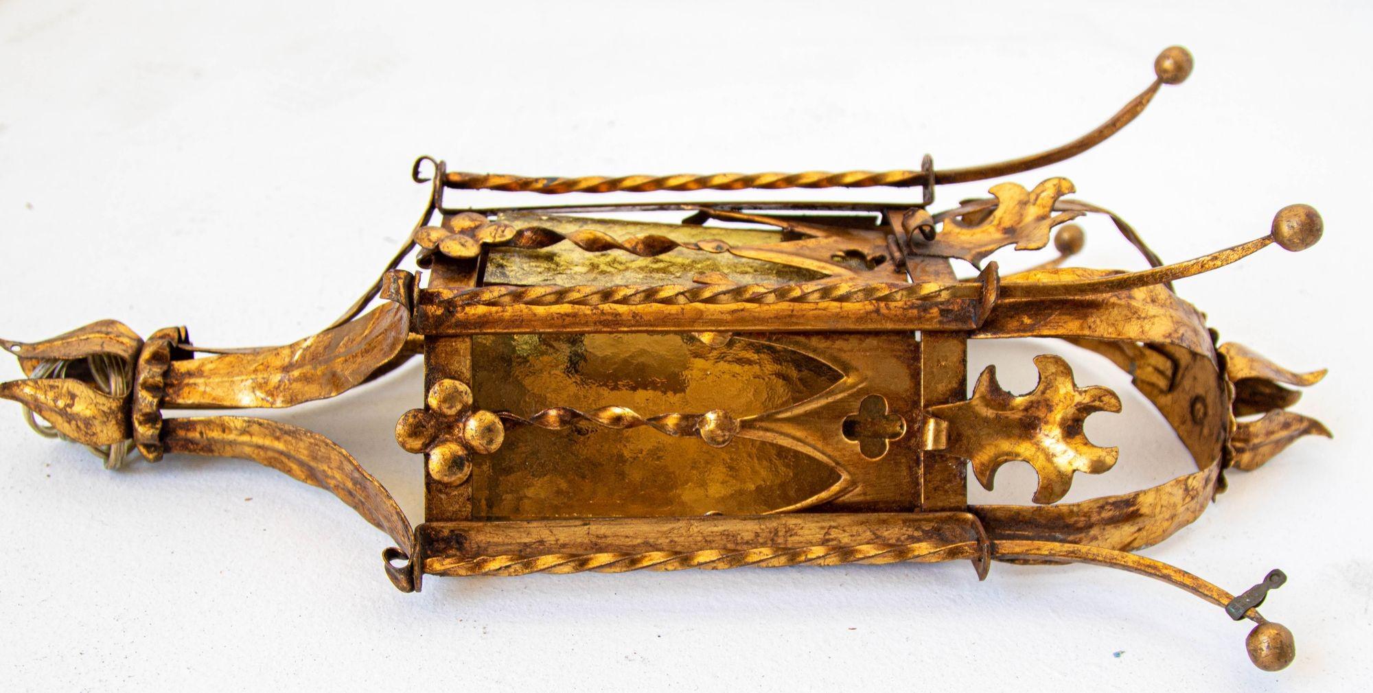 Spanish Revival Gothic Hand Forged Metal Gilt Wall Sconces a Pair circa 1950s For Sale 11