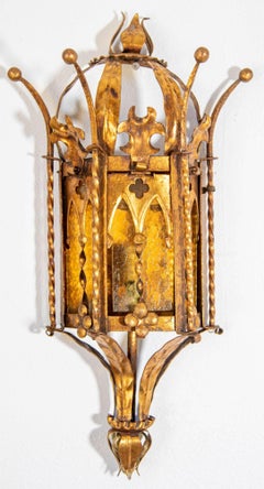 Spanish Revival Gothic Hand Forged Metal Gilt Wall Sconces a Pair circa 1950s