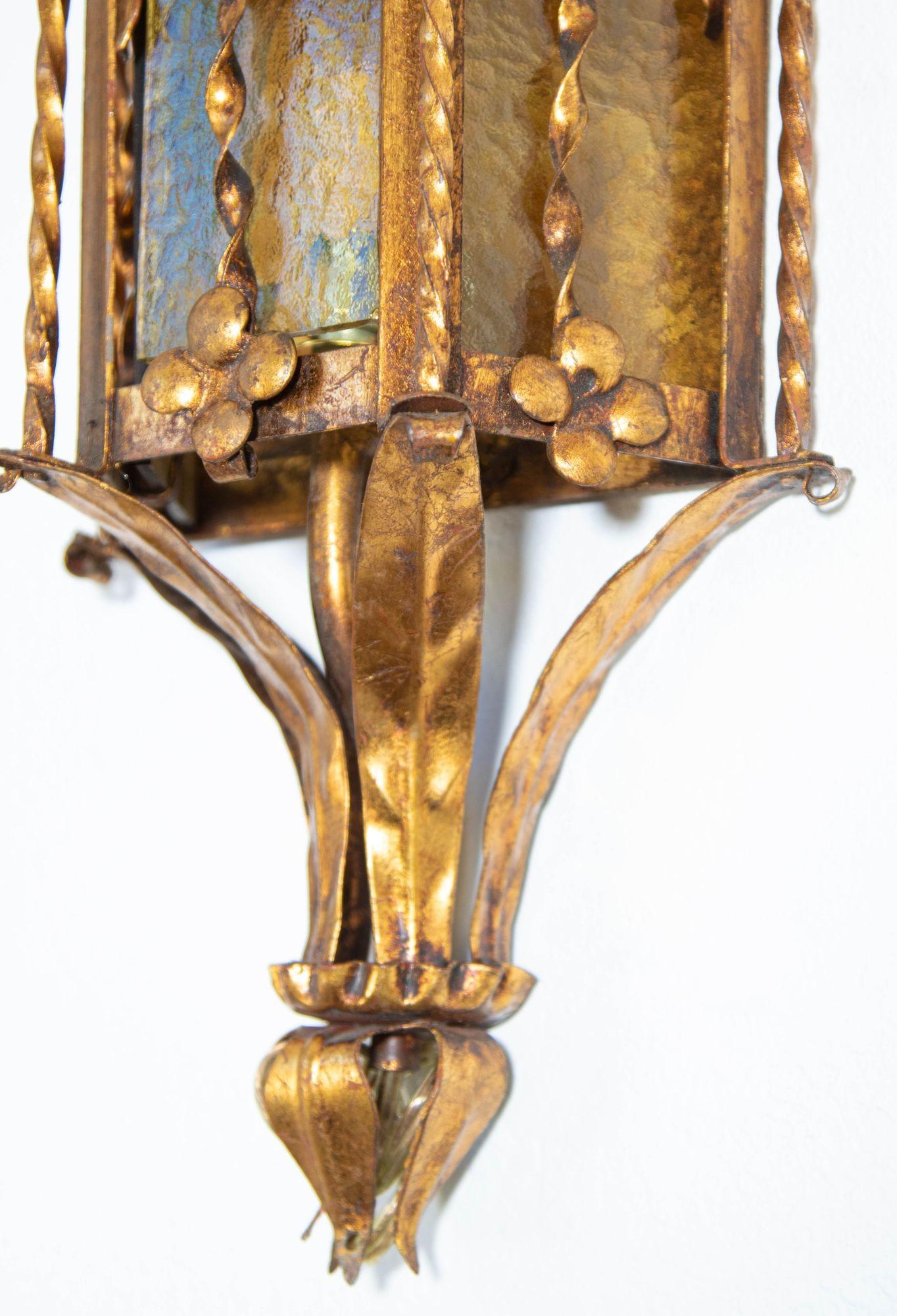 Spanish Revival Gothic Hand Forged Metal Gilt Wall Sconces a Pair circa 1950s For Sale 1