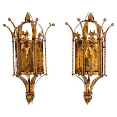 Spanish Revival Gothic Hand Forged Metal Gilt Wall Sconces a Pair circa 1950s