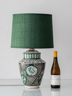 Spanish Revival Green Ceramic Table Lamp from Aragón, New Silk Lampshade