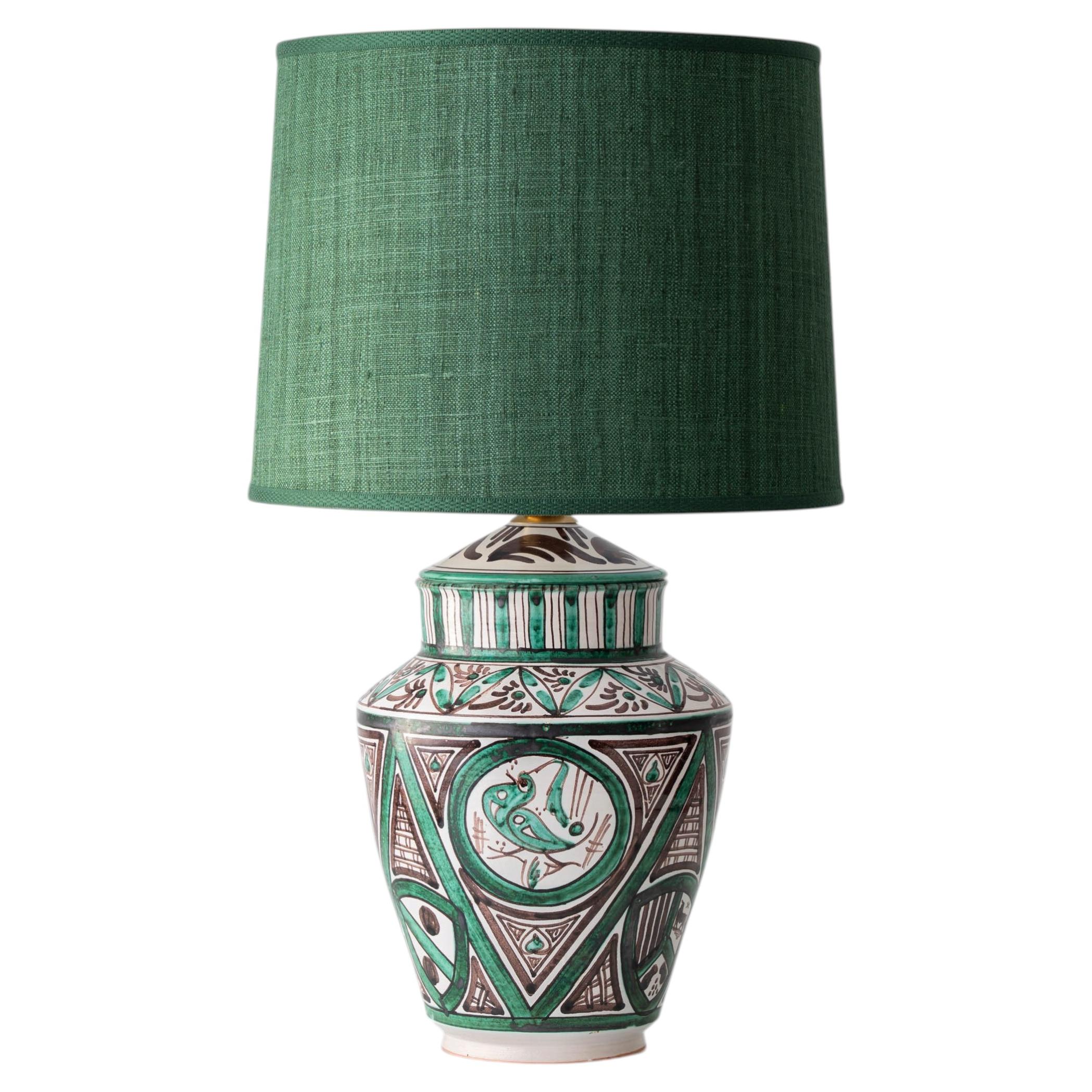 Lampe de table en céramique verte de style néo-espagnol, originaire d'Aragon, avec un abat-jour en soie neuf