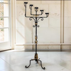 Torchère de style néo-espagnol en fer forgé à la main et en laiton ~ Candélabre de sol