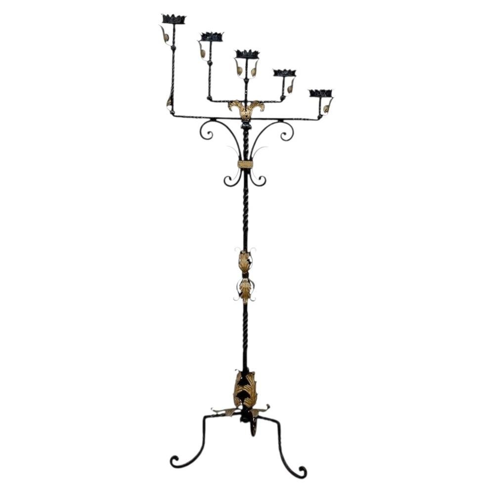 Spanish Revival Hand Forged Iron and Brass Torchère ~ Floor Candelabra