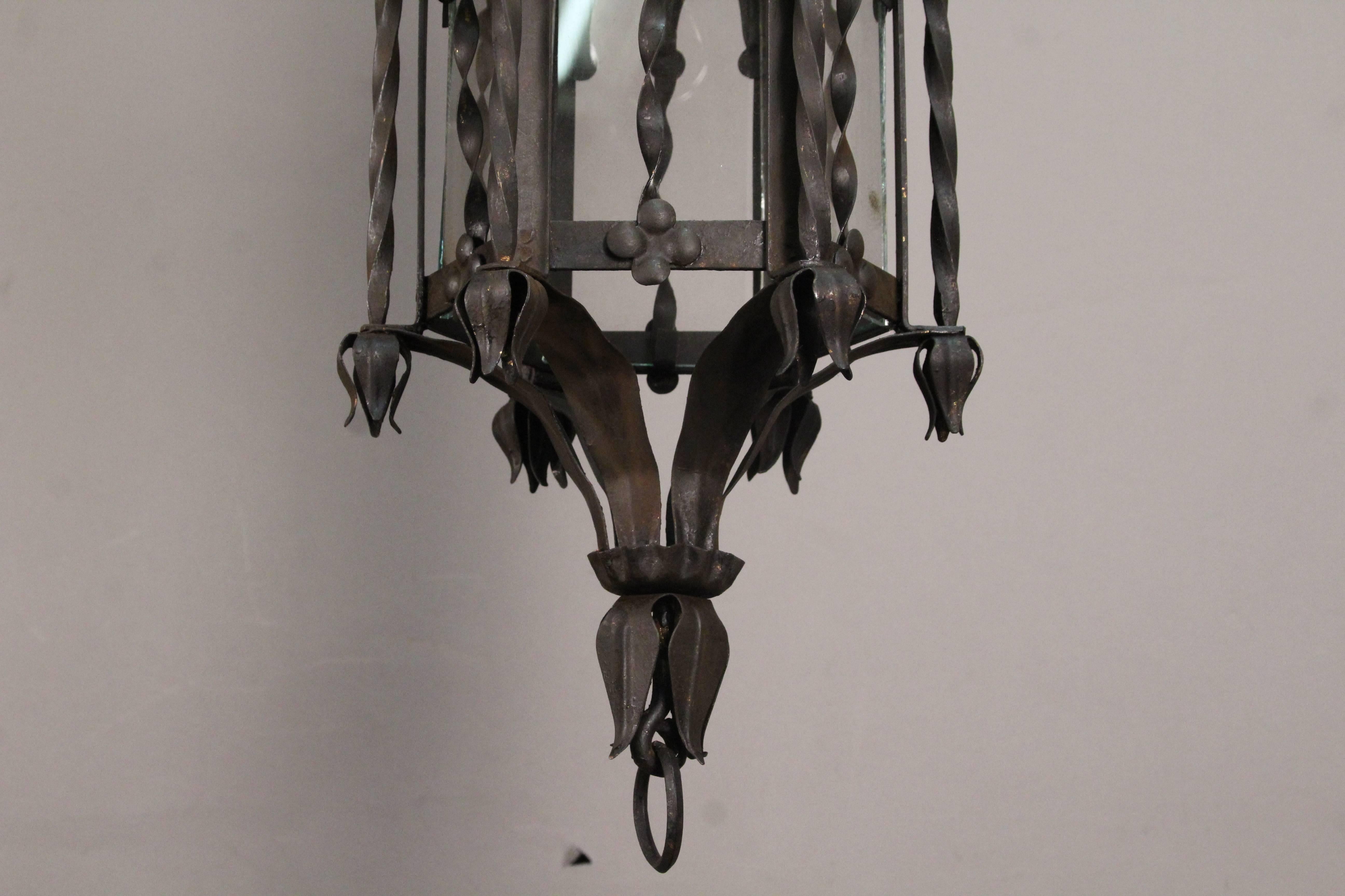 Early 20th Century Spanish Revival Iron and Glass Pendant with Clover Motif, circa 1920s