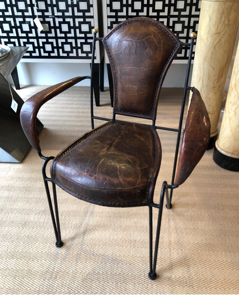 Spanish Revival Leather and Iron Chairs with Brass Finials at 1stDibs leather and iron chairs