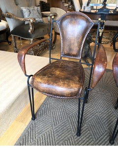 Spanish Revival Leather and Iron Chairs with Brass Finials